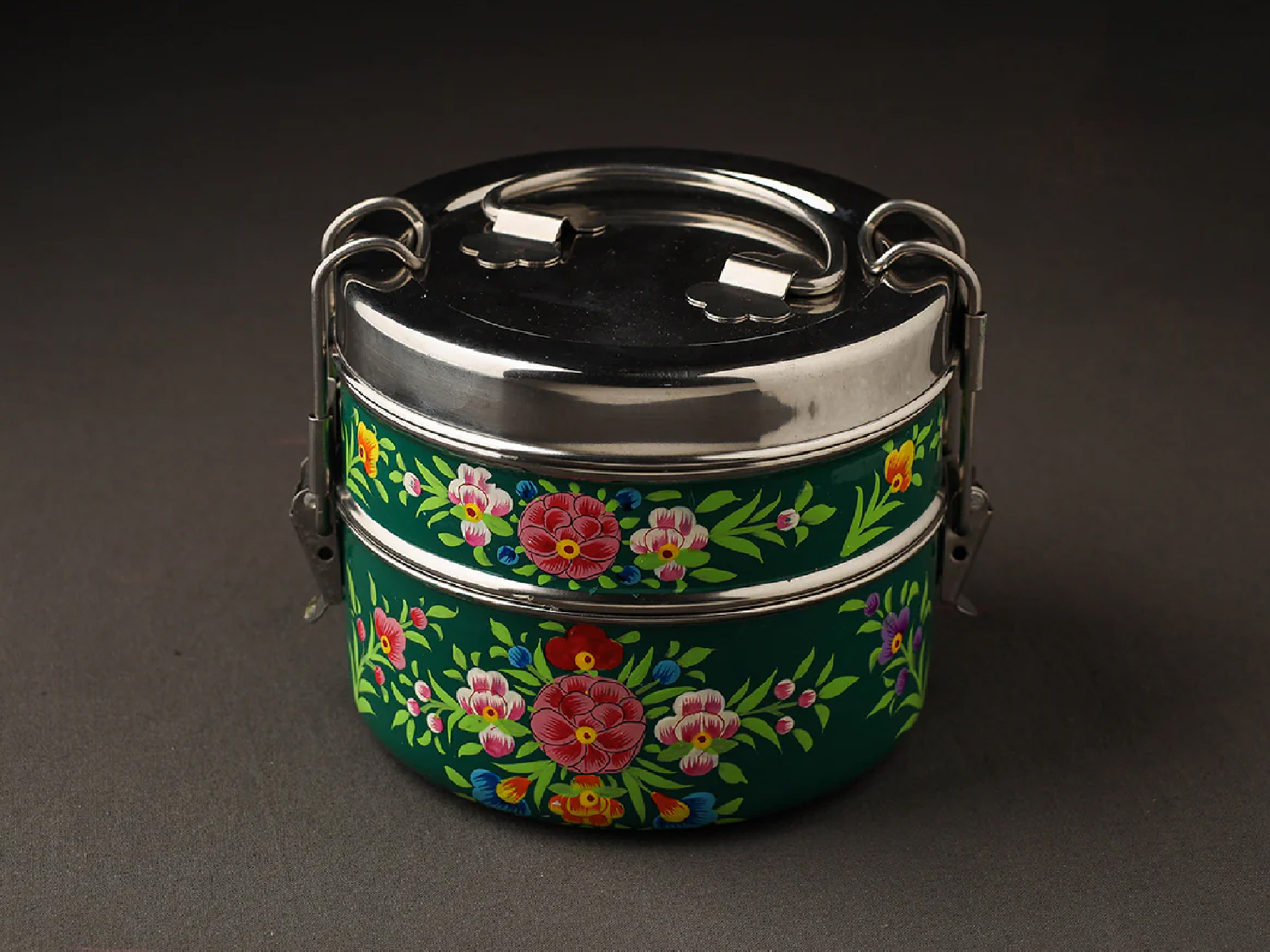 Hand Painted Enamelware Lunch Box A40 - Hand-painted Enamel, 3-tier Tiffin Size, Vibrant Multi-color Design, Unique Artisan Craftsmanship, Custom Options Available