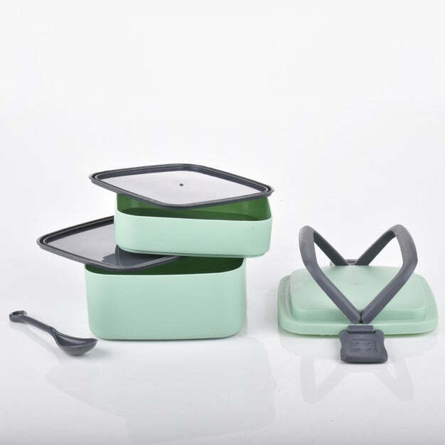 Green Double-layer Portable Lunch Box - Plastic, 17x15x13 Cm | Insulated Design, 2 Compartments, Carrying Handle, Lock System, Includes Spoon