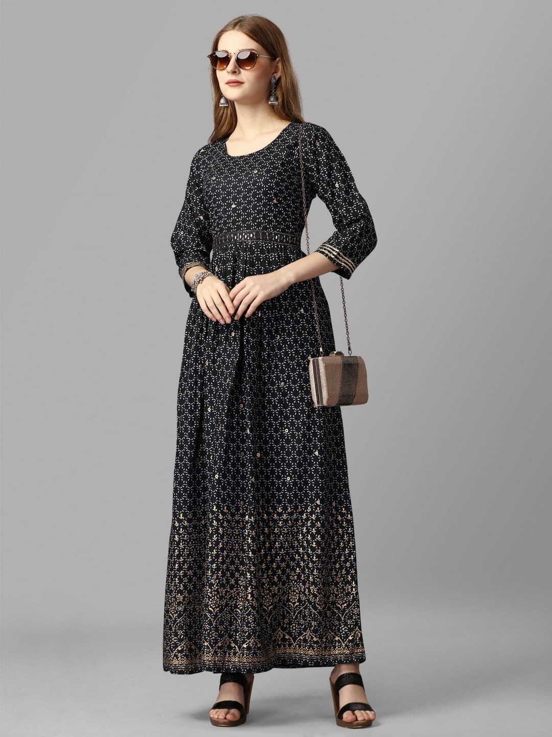 Ladies Gown - Slub Rayon Fabric, Length 55 Inches | Surface Foil Print, Mirror Work, Elegant Belt Design, Perfect For Various Occasions