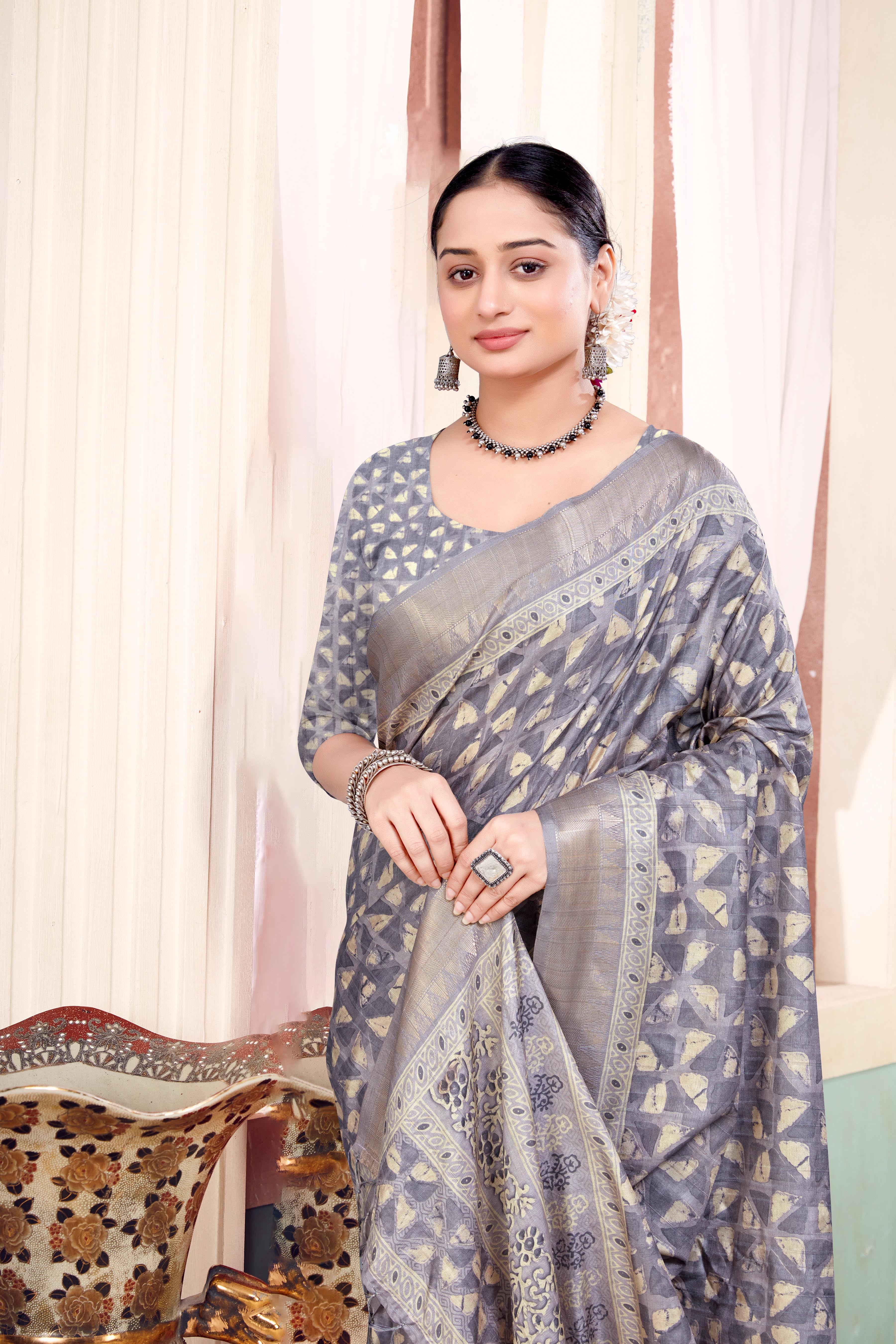 Ethnic Grey Cotton Silk Fancy Saree For Ladies-25183