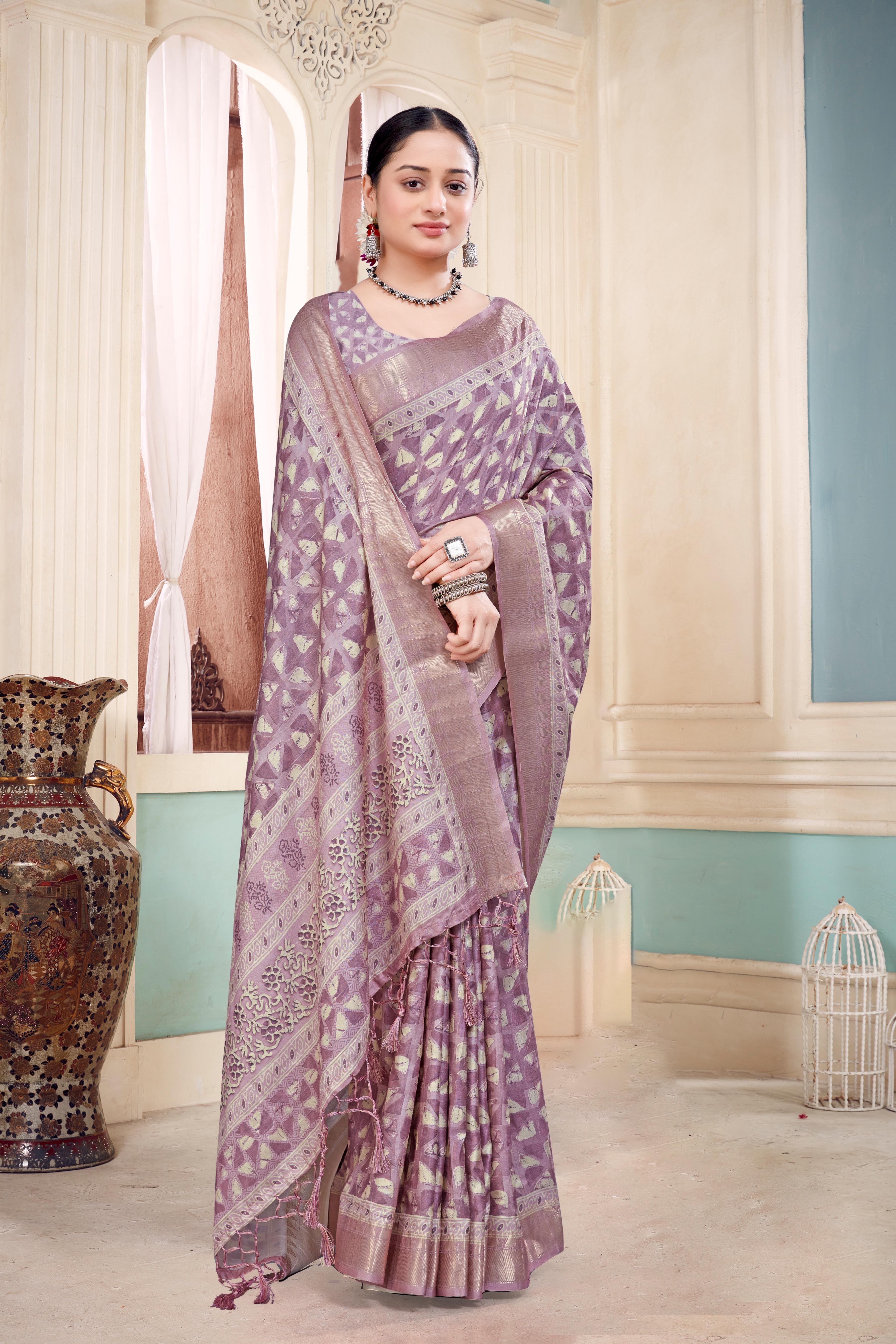 Ethnic Grey Cotton Silk Fancy Saree For Ladies-25183