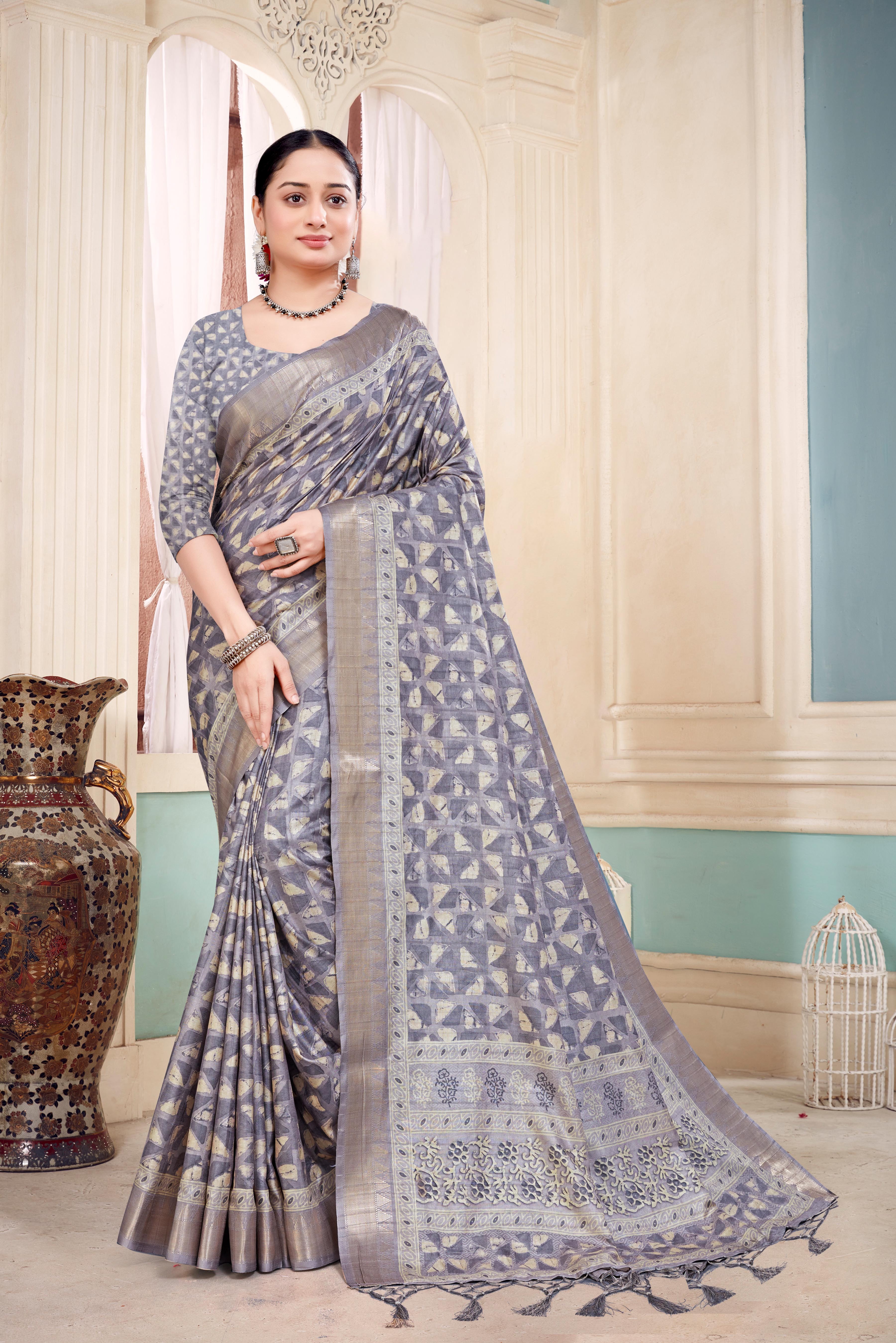 Ethnic Grey Cotton Silk Fancy Saree For Ladies-25183