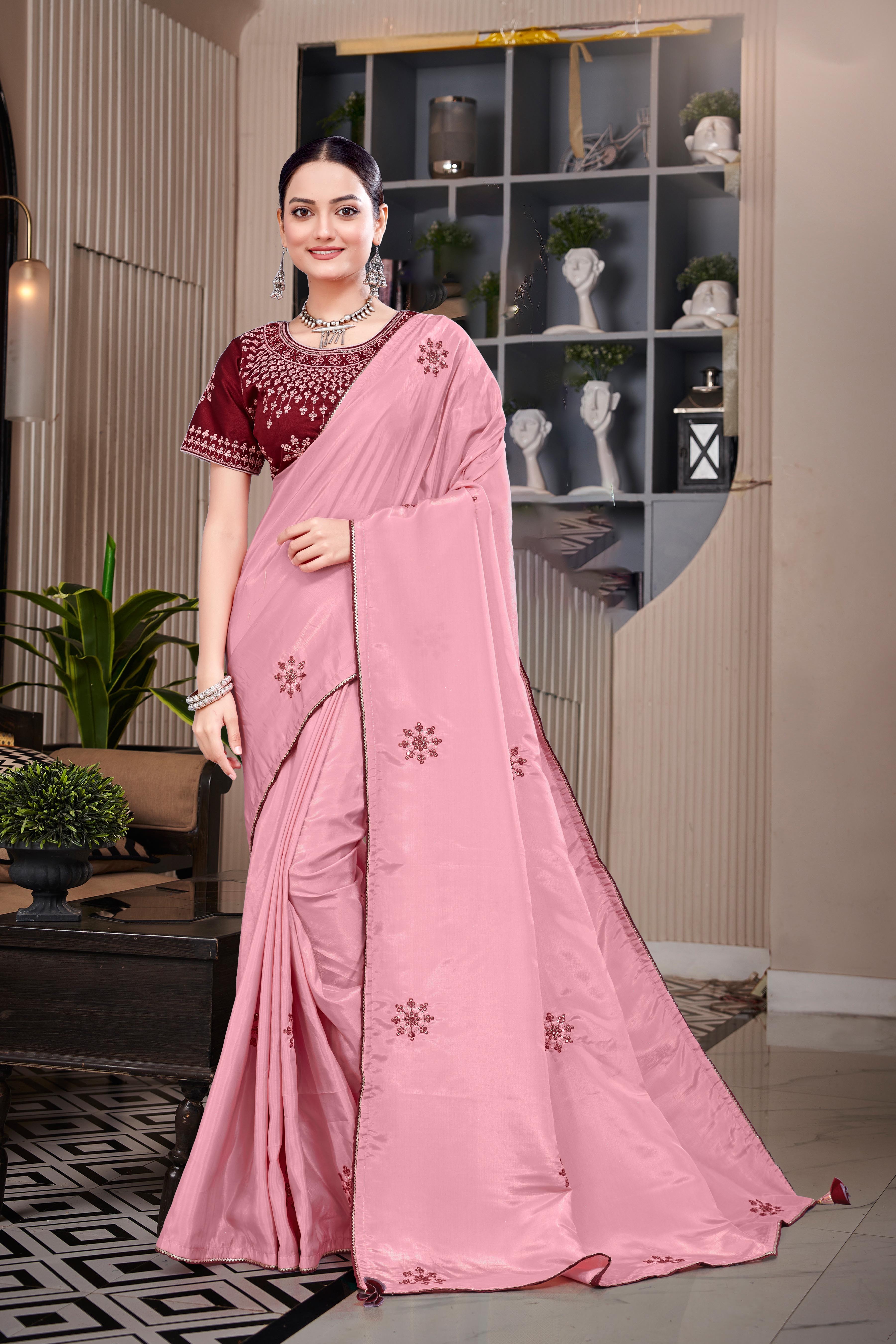 Blue Chiffon Silk Work Saree With Fully Stitched Blouse Piece-16934