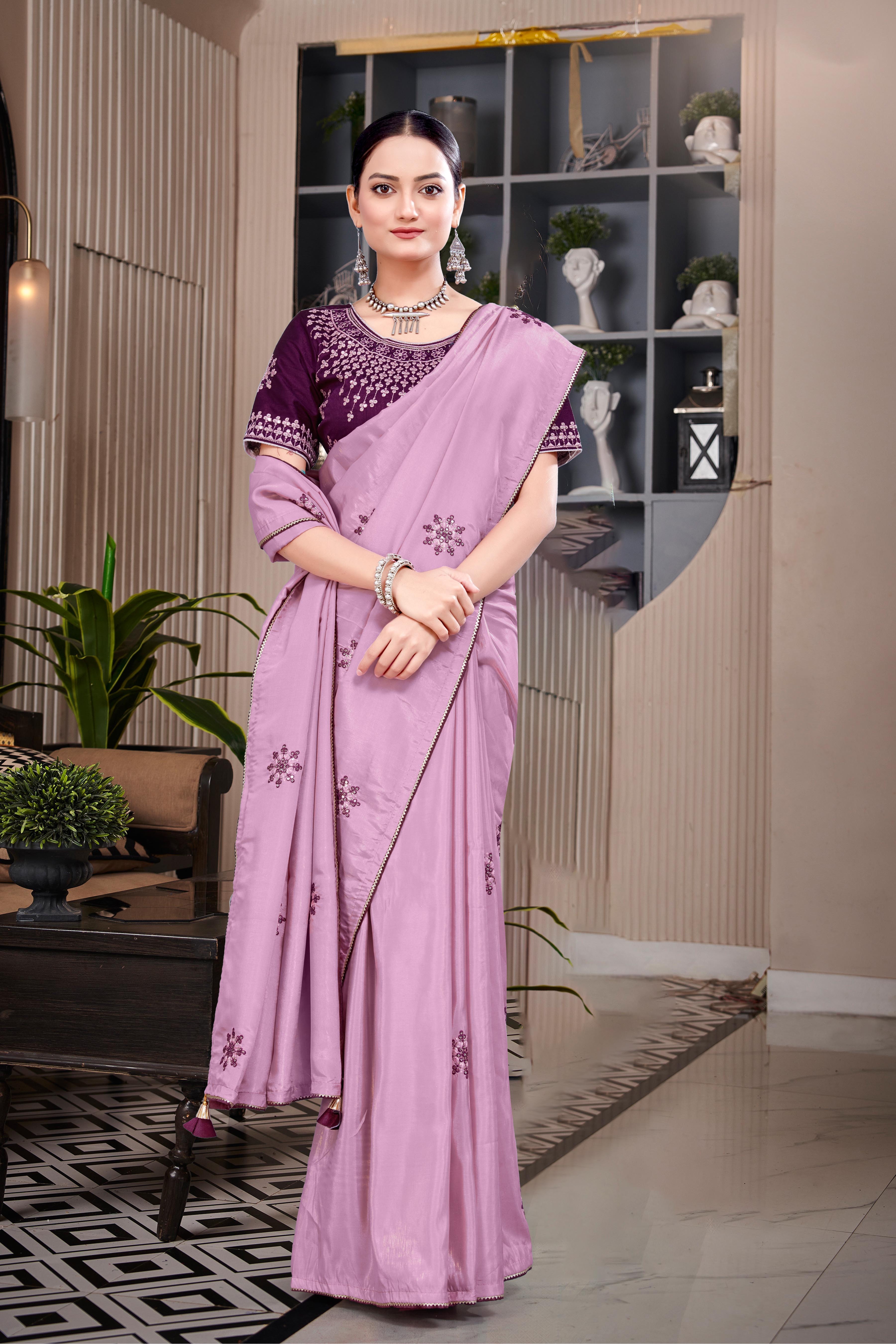 Blue Chiffon Silk Work Saree With Fully Stitched Blouse Piece-16934