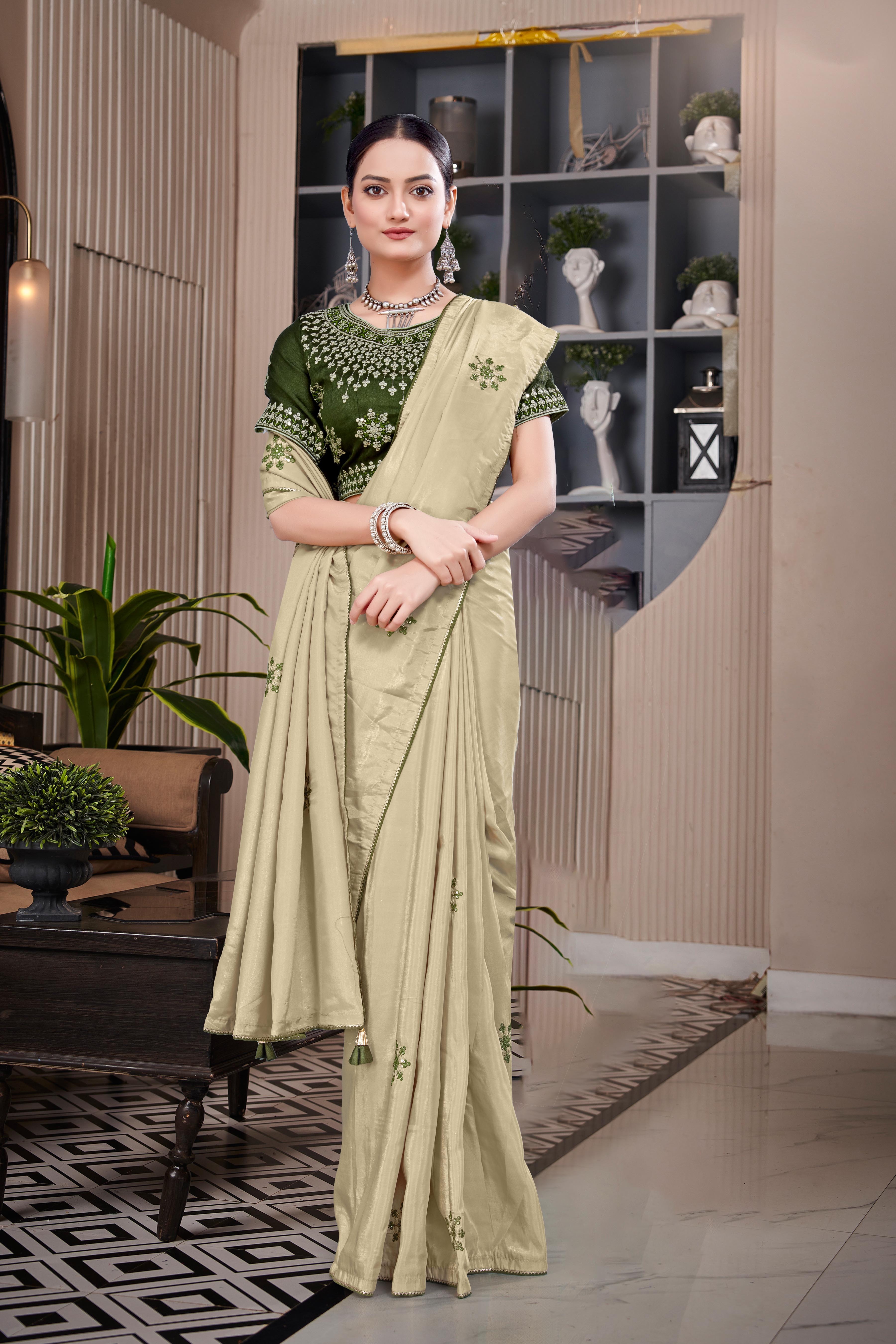 Blue Chiffon Silk Work Saree With Fully Stitched Blouse Piece-16934