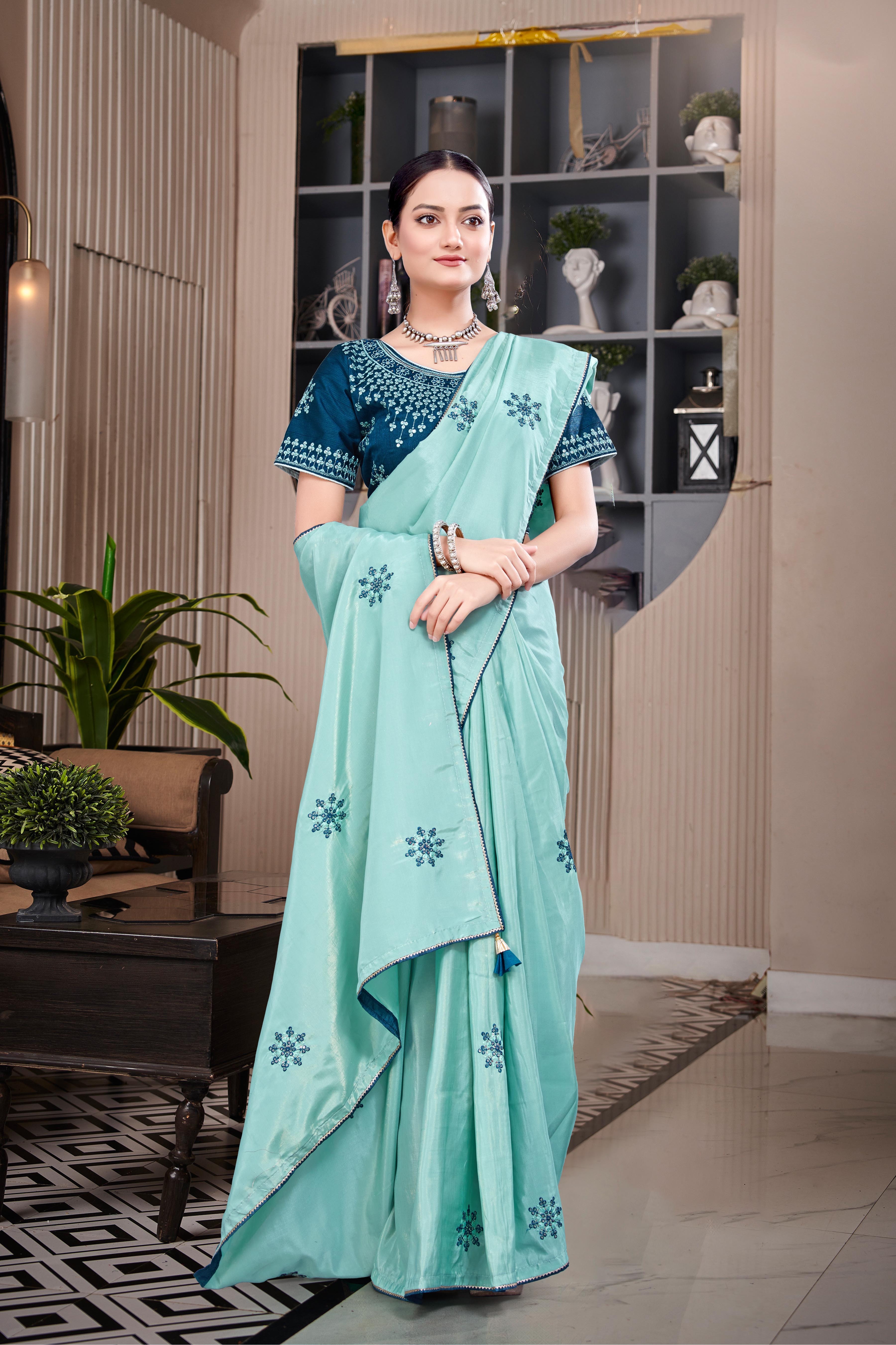 Blue Chiffon Silk Work Saree With Fully Stitched Blouse Piece-16934