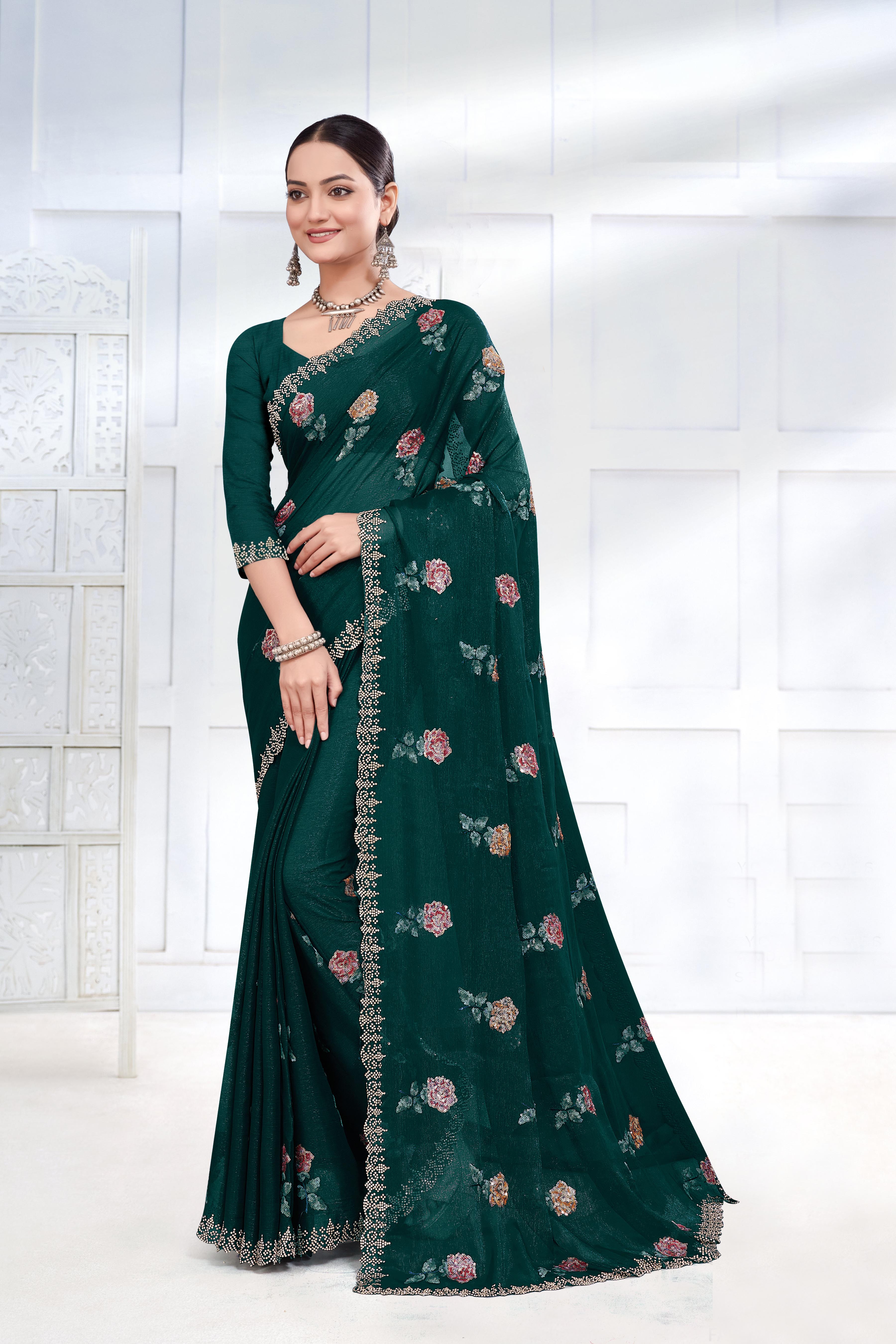 Shimmer Silk Sequence Work Saree - Art Silk, Green Color | Beautiful Stone Work With Elegant Cutwork Border