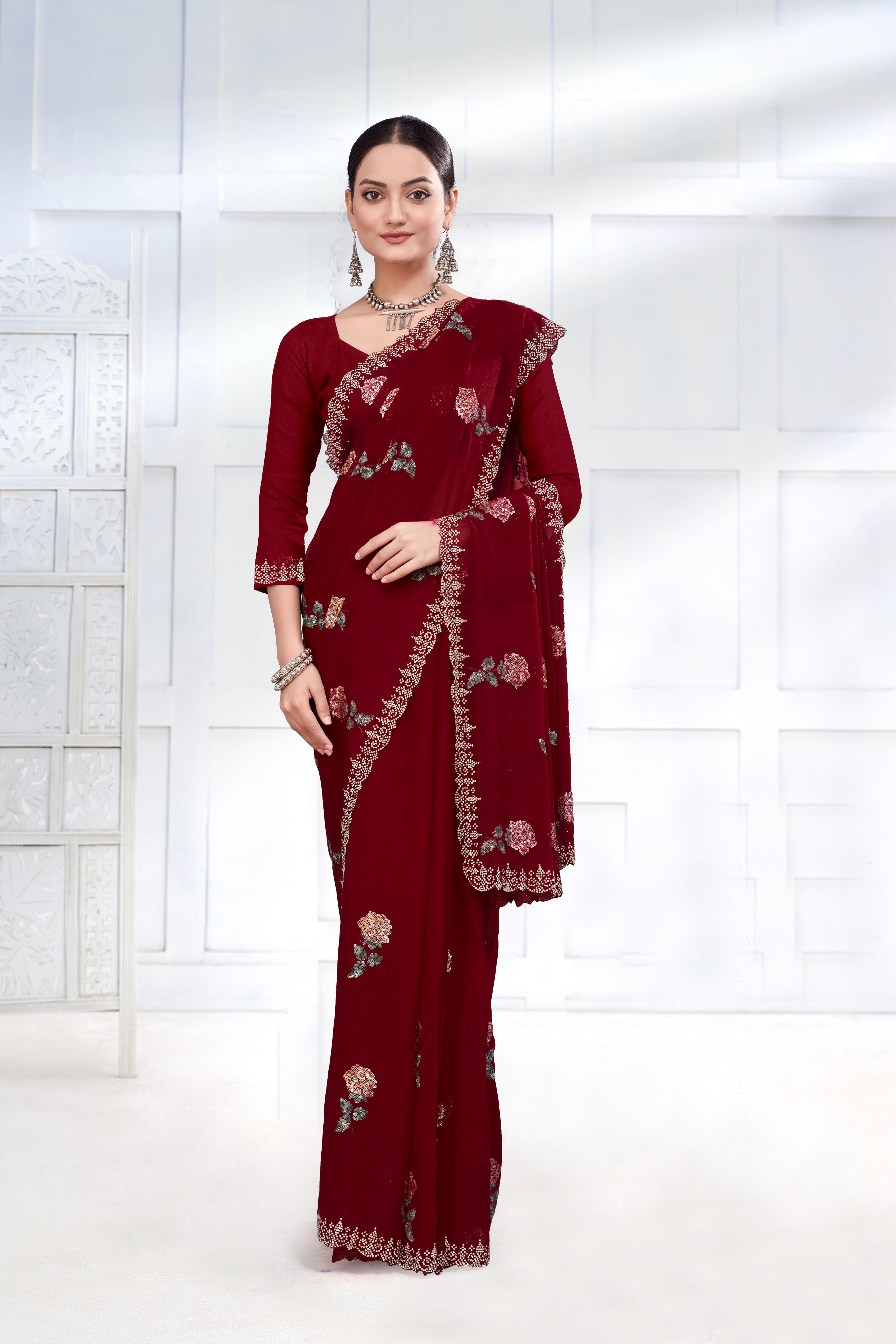 Shimmer Silk Sequence Work Saree - Art Silk, Green Color | Beautiful Stone Work With Elegant Cutwork Border