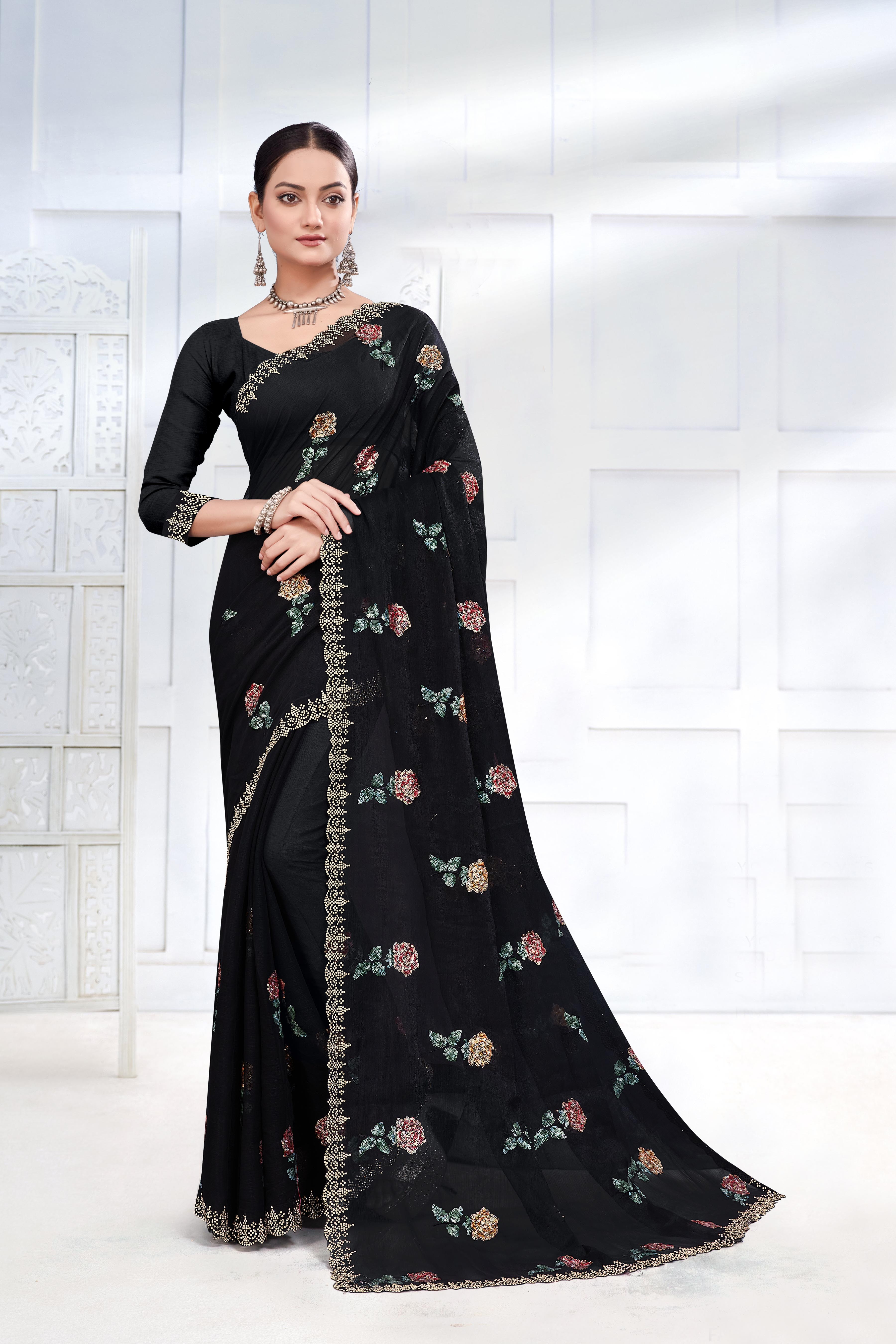 Shimmer Silk Sequence Work Saree - Art Silk, Green Color | Beautiful Stone Work With Elegant Cutwork Border