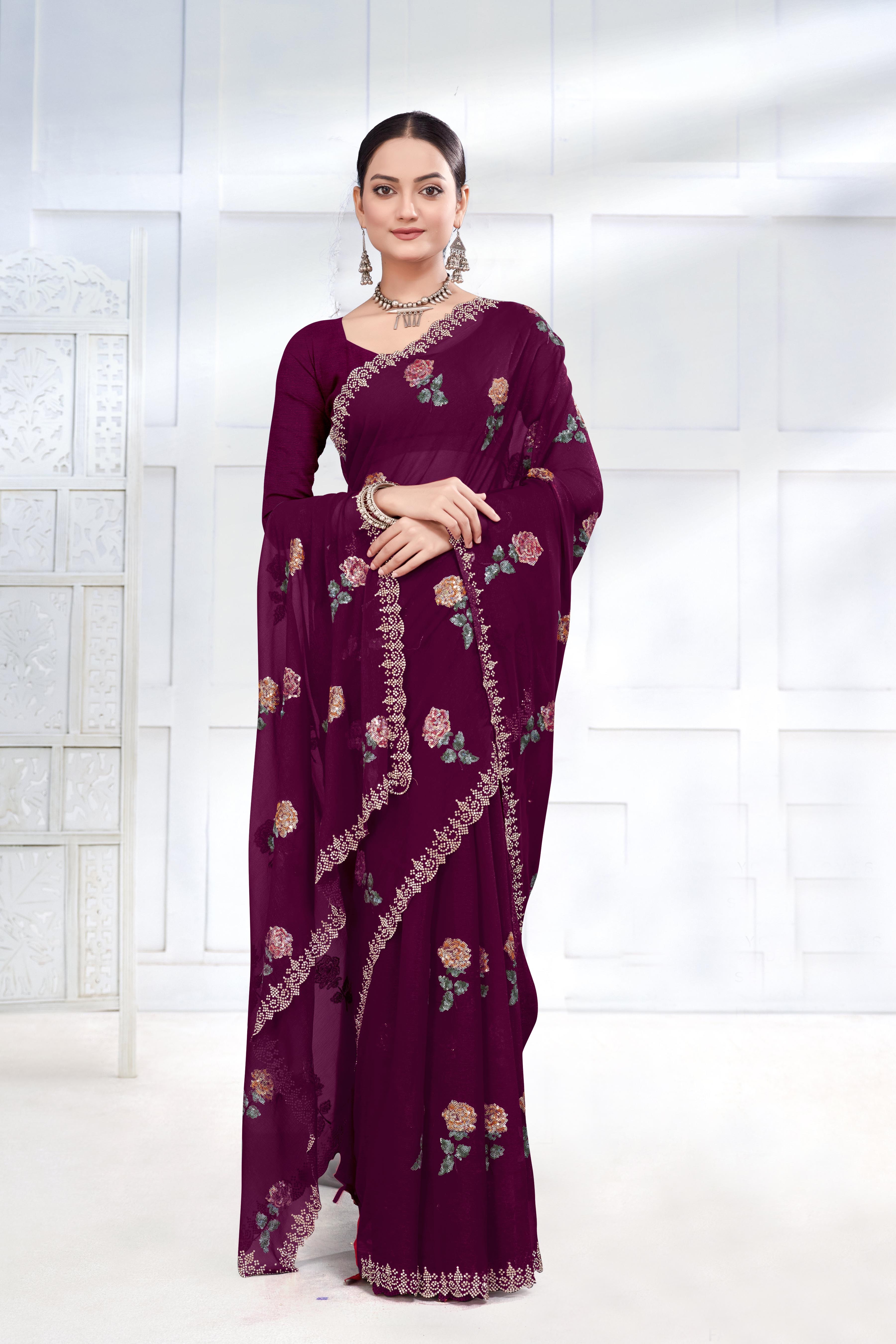 Shimmer Silk Sequence Work Saree - Art Silk, Green Color | Beautiful Stone Work With Elegant Cutwork Border