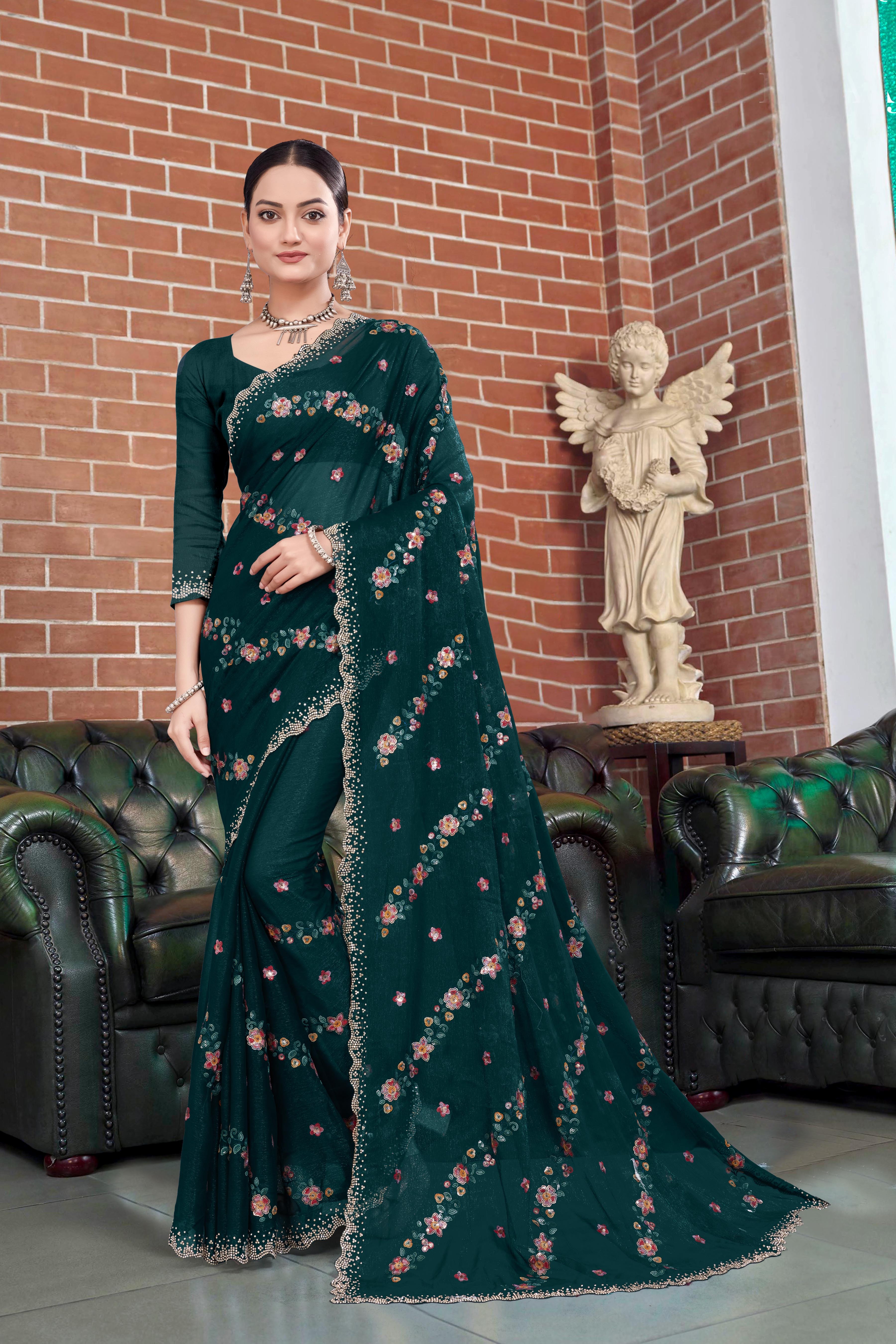 Art Silk Cutwork Border Net Base Crepe Saree For Indian Wedding-16836