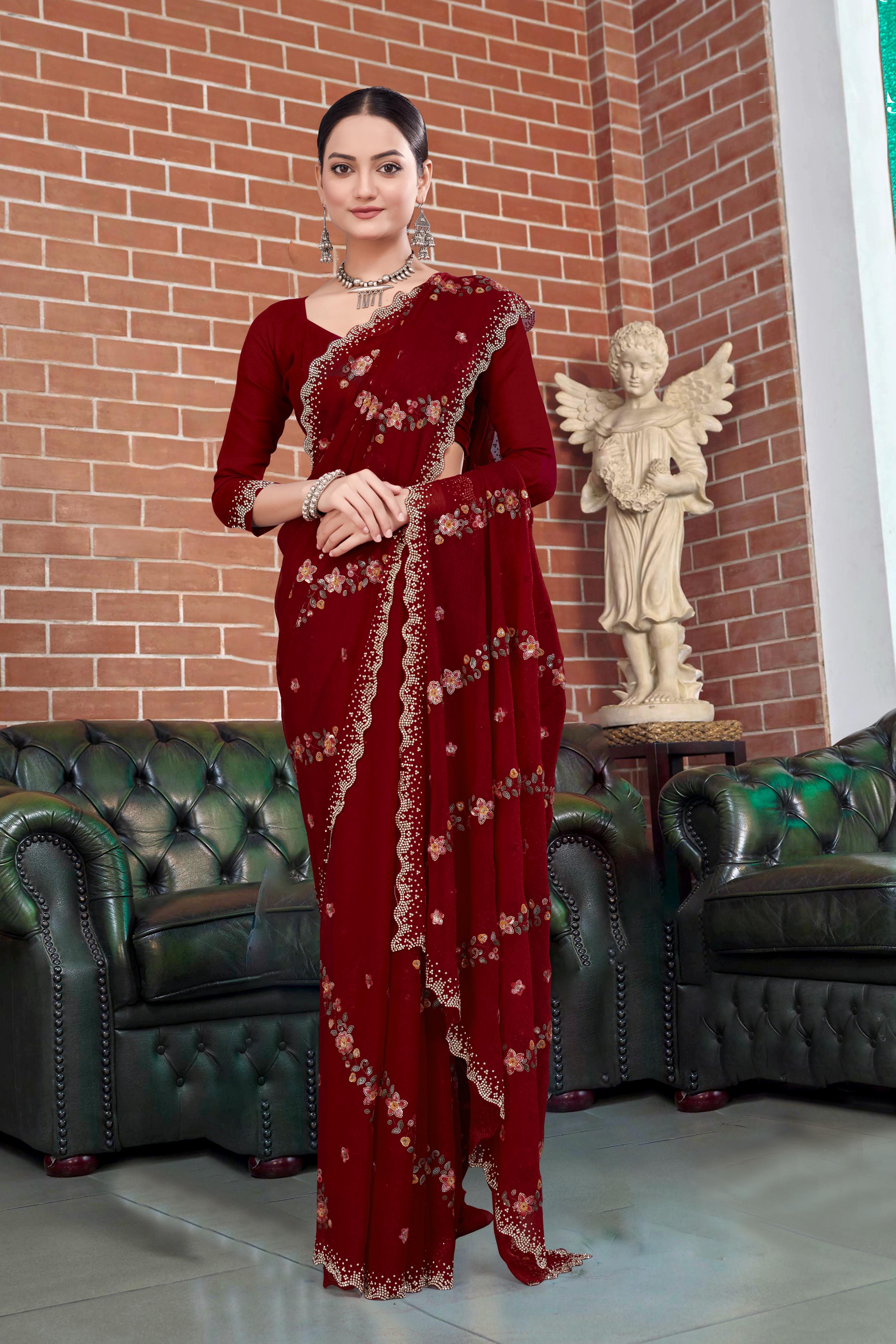 Art Silk Cutwork Border Net Base Crepe Saree For Indian Wedding-16836