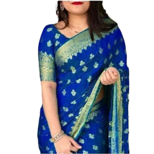 Blue Black Jacquard Embellished Sari With Unstiched Blouse