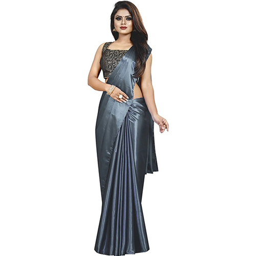 Grey Satin Solid-plain Sari With Unstiched Blouse - Color: Gray