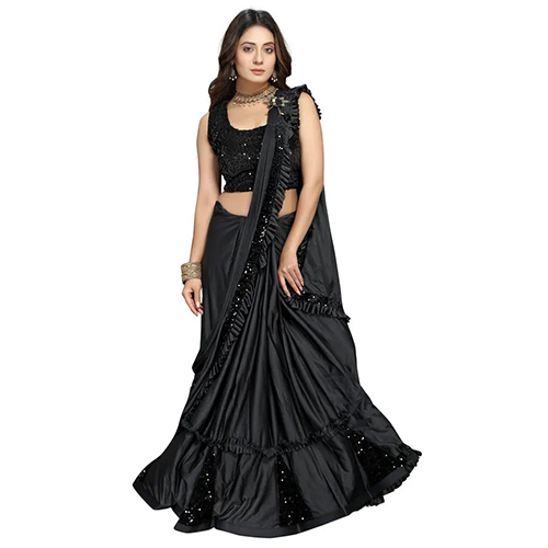 Plain Black Ready To Wear Lycra Blend Embellished Sari With Unstiched Blouse