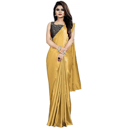 Golden Gold Satin Solid-plain Sari With Unstiched Blouse