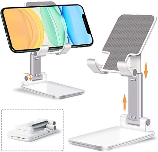 White Desktop Folding Stand - Plastic Material, Compact Size | Ergonomic Design, Adjustable Viewing Angles, Anti-slip Base, User-friendly Charging Port