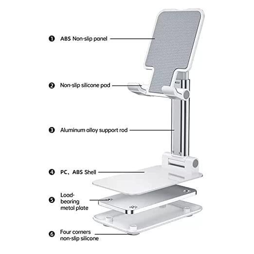 White Desktop Folding Stand - Plastic Material, Compact Size | Ergonomic Design, Adjustable Viewing Angles, Anti-slip Base, User-friendly Charging Port