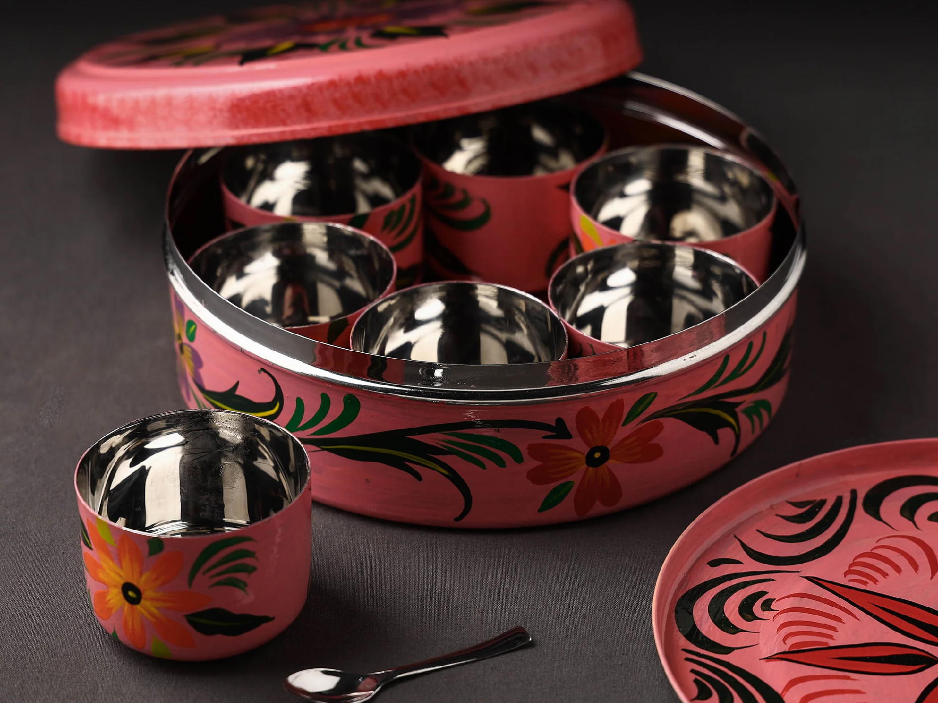 Hand Painted Enamelware Spice Box A74 - Color: Pink