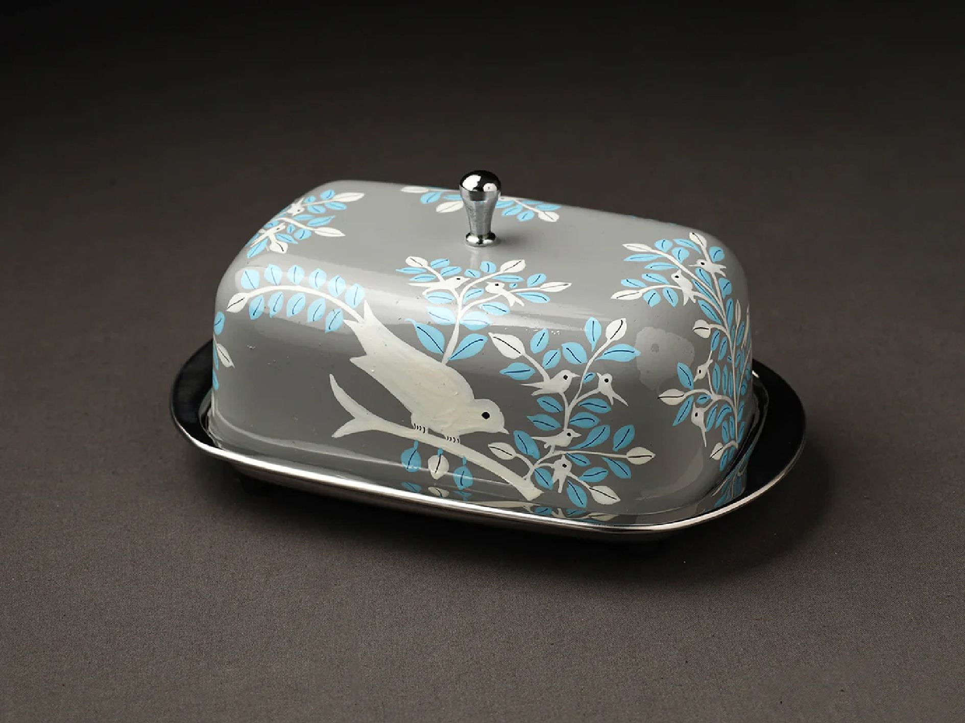 Hand-painted Enamelware Butter Dish - Stainless Steel, 6x4 Inches, Gray - Unique Artistry, Durable Design, Decorative Table Accent