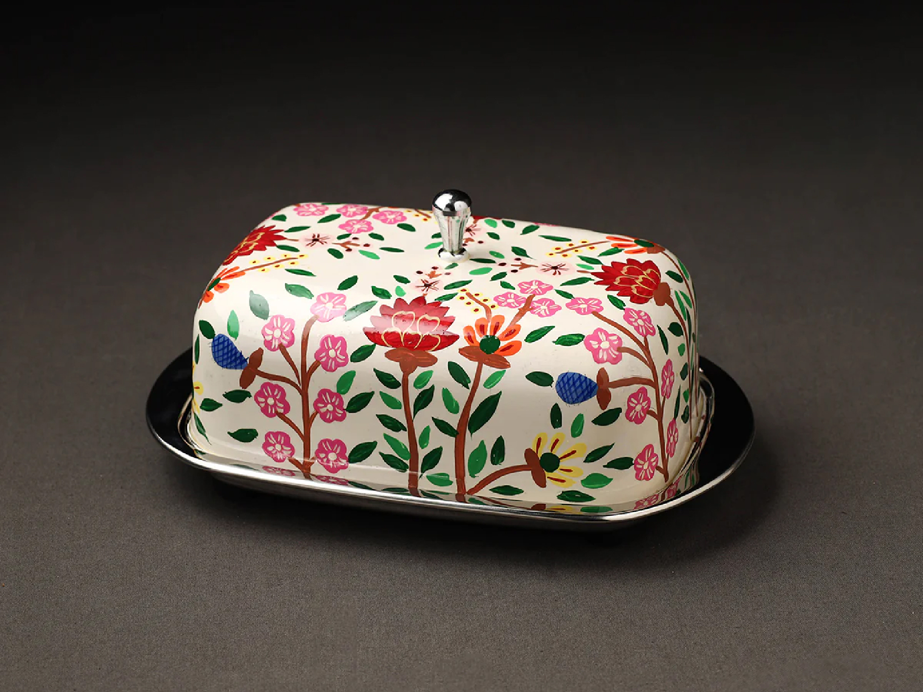 Hand-painted Enamelware Butter Dish - Stainless Steel, 6x4 Inches, Gray - Unique Artistry, Durable Design, Decorative Table Accent