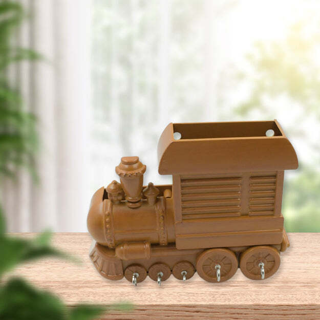 Plastic Train Engine Design Plastic Key Holder - Dimensions: 21x16x8 Cm | Color: Brown, Vintage Mail Organizer With 5 Key Hooks For Home & Office