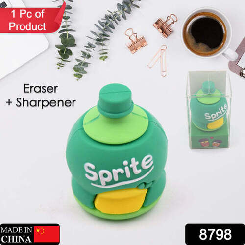 2 In 1 3d Cold Drink Bottle Shape Rubber Pencil Sharpener And Eraser - Durable Transparent Plastic, Compact Size 6x4x4 Cm | Multi-color, Smooth Operation, Perfect Gift For Kids
