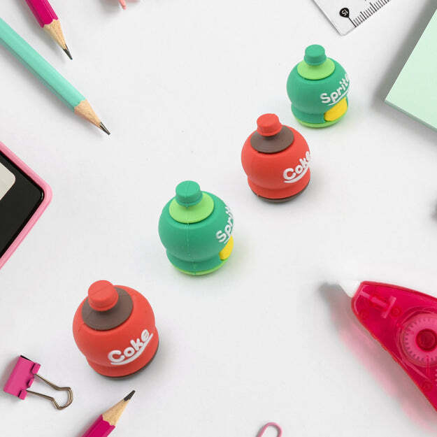 2 In 1 3d Cold Drink Bottle Shape Rubber Pencil Sharpener And Eraser - Durable Transparent Plastic, Compact Size 6x4x4 Cm | Multi-color, Smooth Operation, Perfect Gift For Kids
