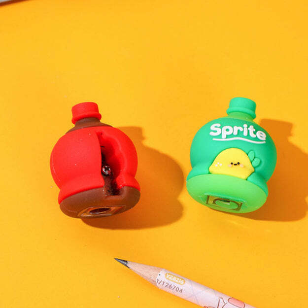 2 In 1 3d Cold Drink Bottle Shape Rubber Pencil Sharpener And Eraser - Durable Transparent Plastic, Compact Size 6x4x4 Cm | Multi-color, Smooth Operation, Perfect Gift For Kids