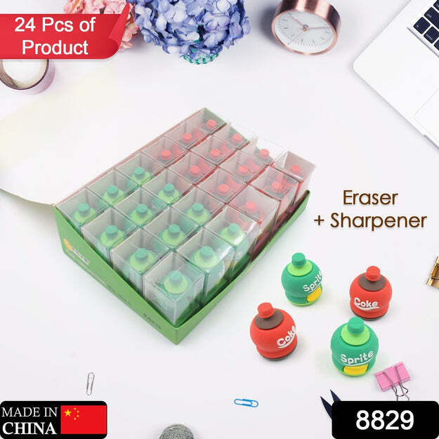 2 In 1 3d Cold Drink Bottle Shape Rubber Pencil Sharpener And Eraser - Durable Transparent Plastic, Compact Size 6x4x4 Cm | Multi-color, Smooth Operation, Perfect Gift For Kids