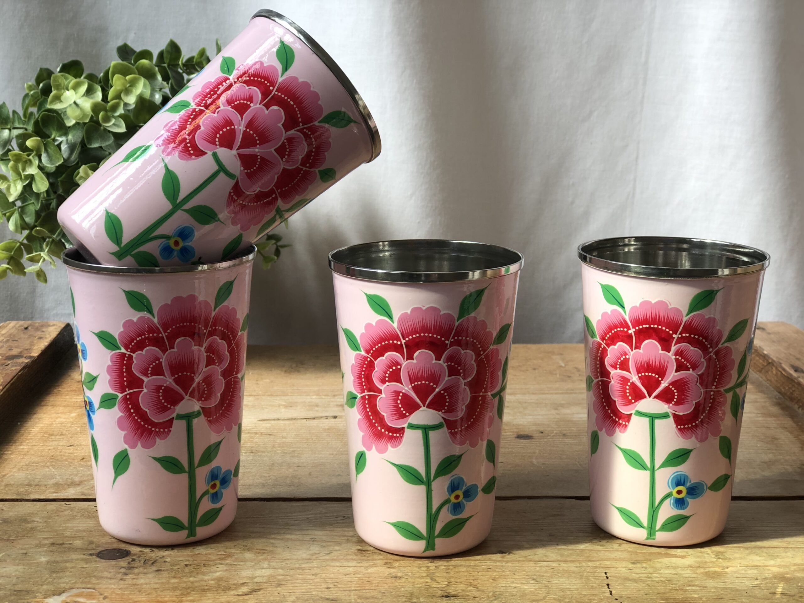 Hand Painted Enamelware Jug With Glass A157 - Color: Peach