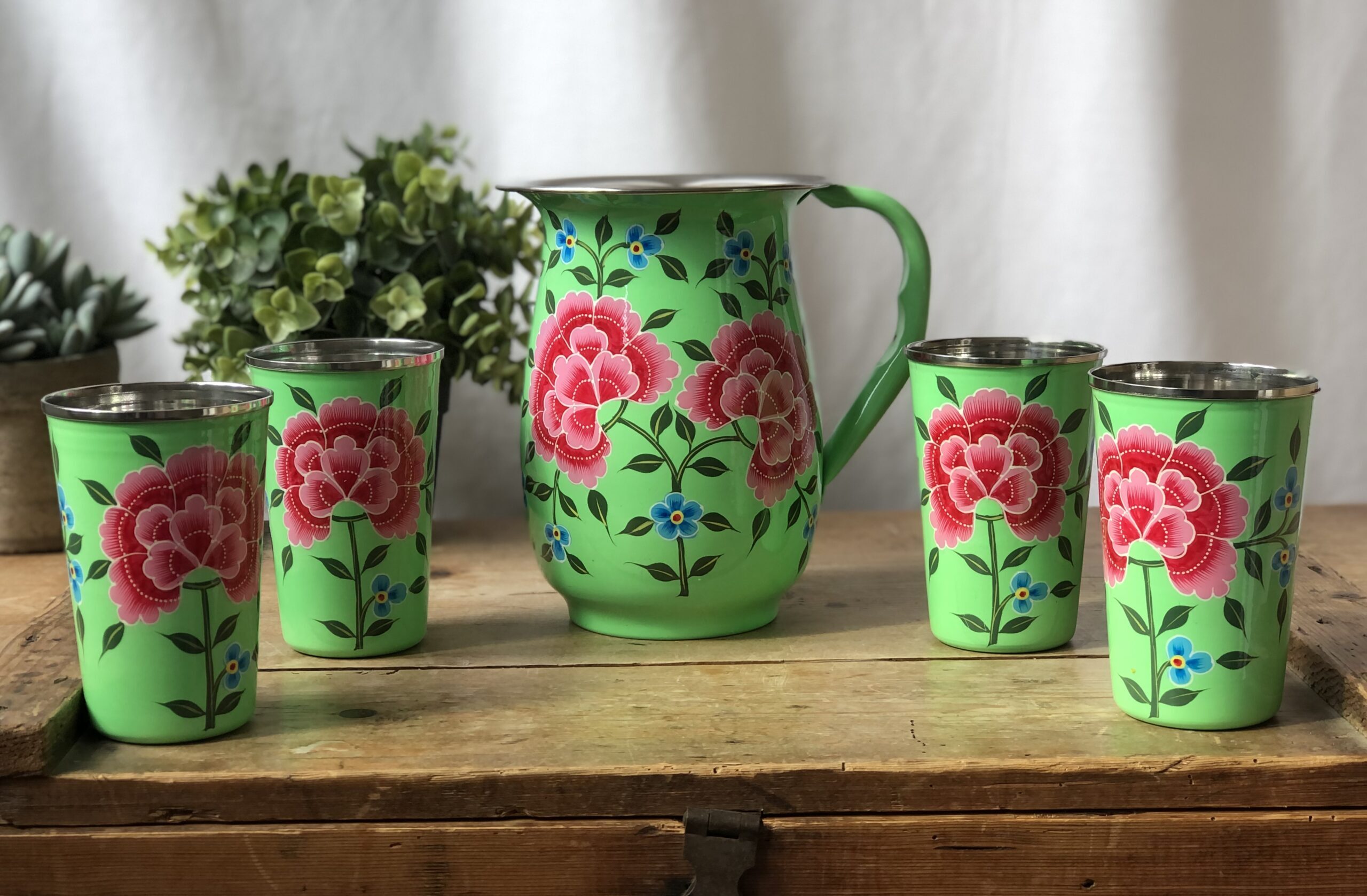 Hand Painted Enamelware Jug With Glass A157 - Color: Peach