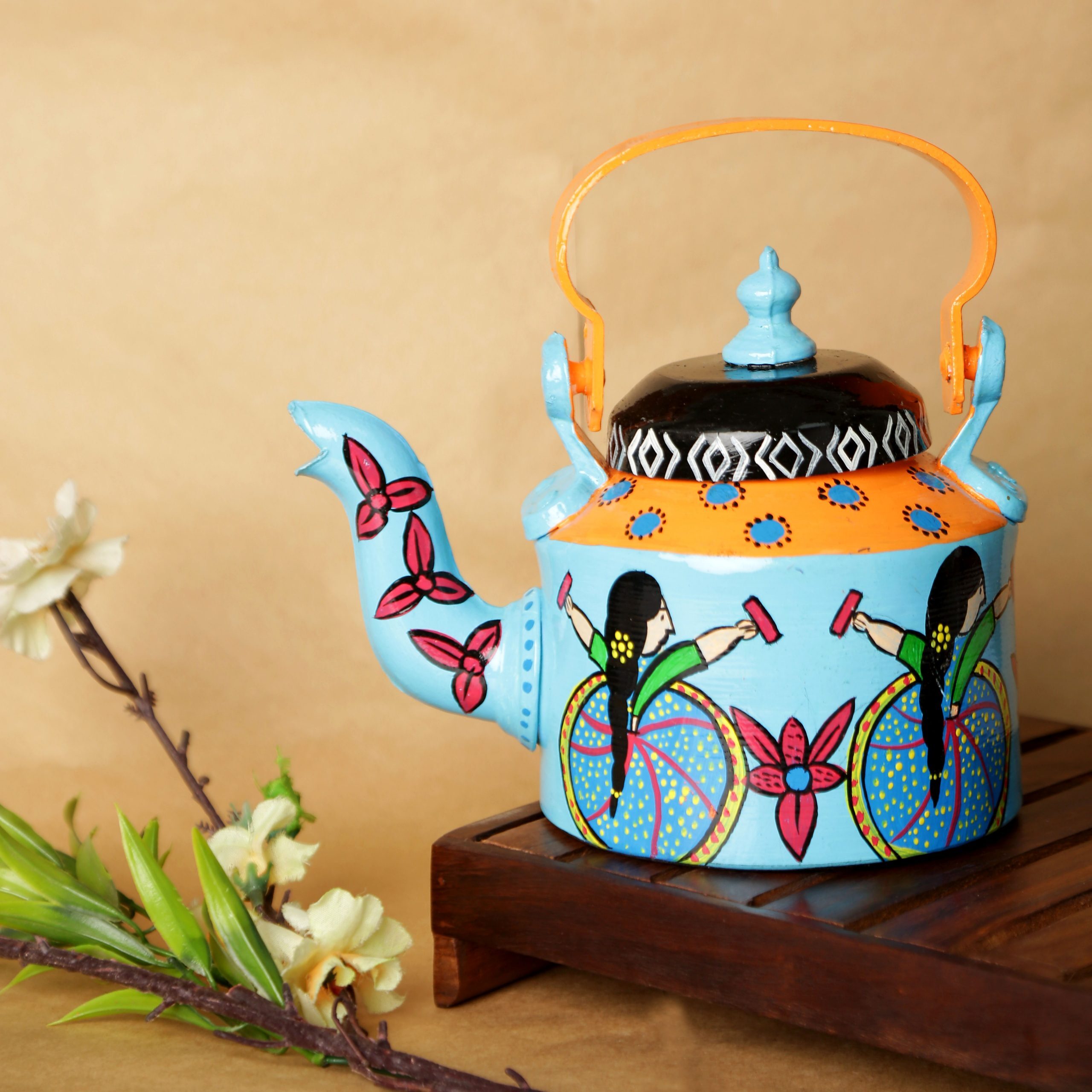 Steel Hand-painted Enamelware Kettle - Stainless Steel Industrial Use Matte Black Finish Unique Artisan Design Durable Stylish Kitchen Addition