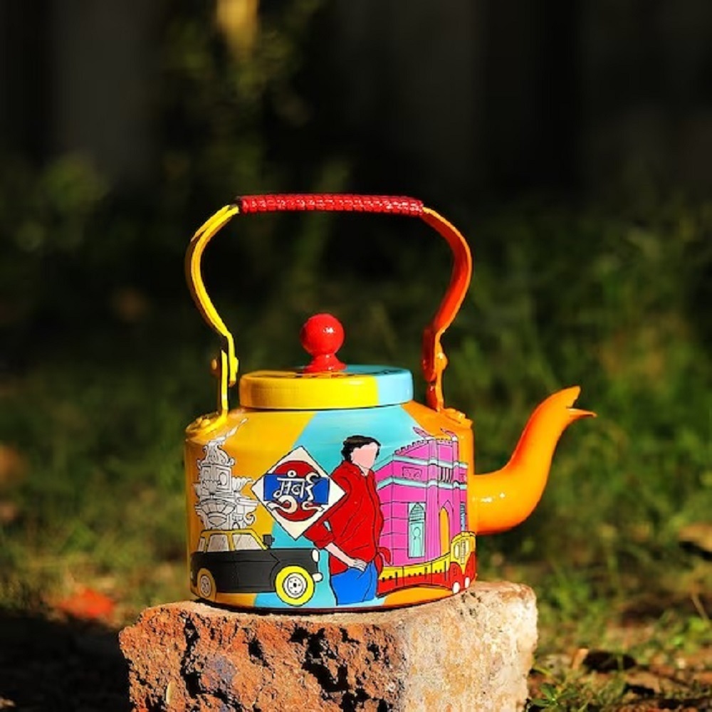 Steel Hand-painted Enamelware Kettle - Stainless Steel Industrial Use Matte Black Finish Unique Artisan Design Durable Stylish Kitchen Addition