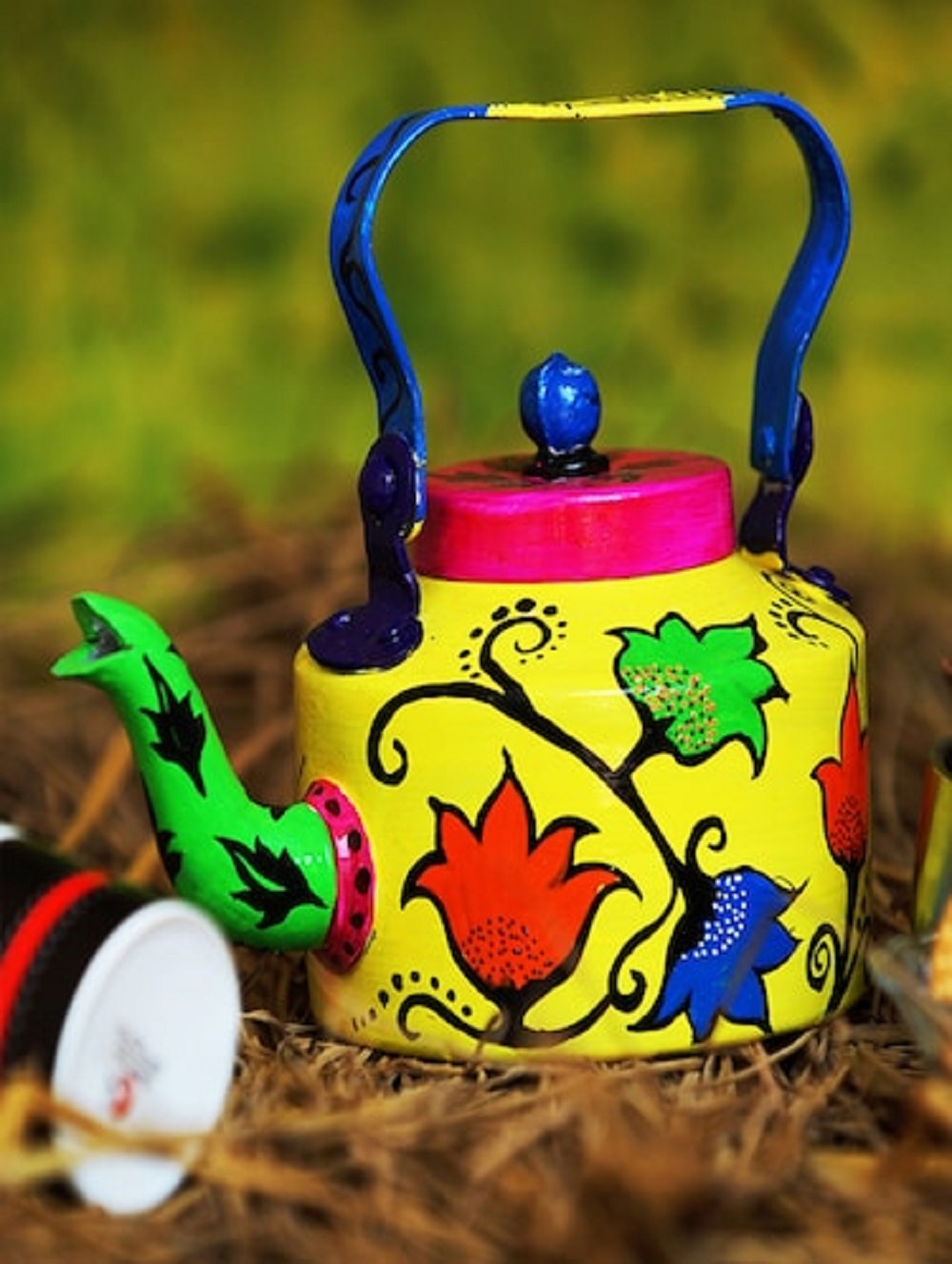 Steel Hand Painted Enamelware Kettle A174 - Color: Blue