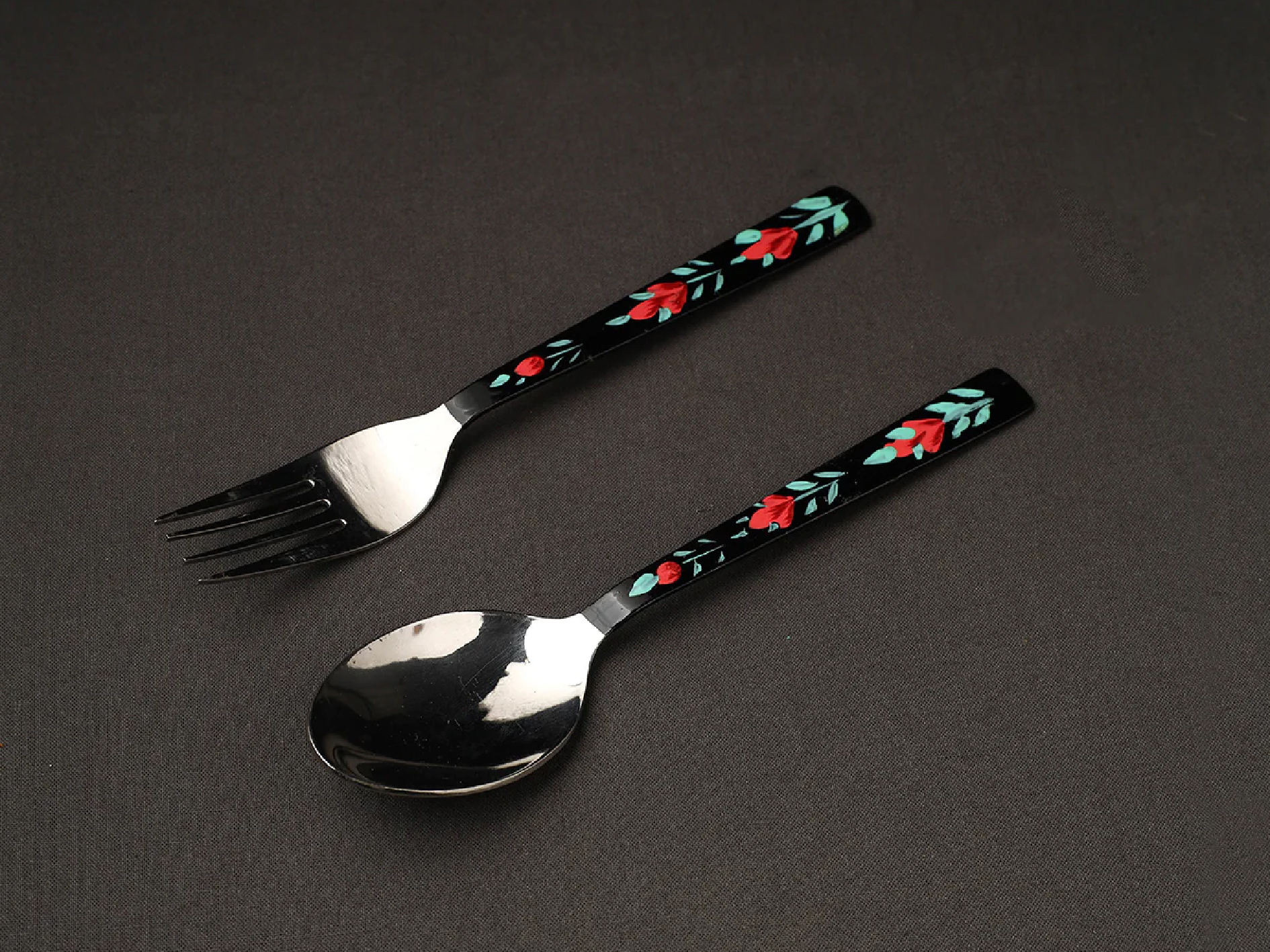 Steel Hand Painted Enamelware Spoon With Fork A188 - Color: Green