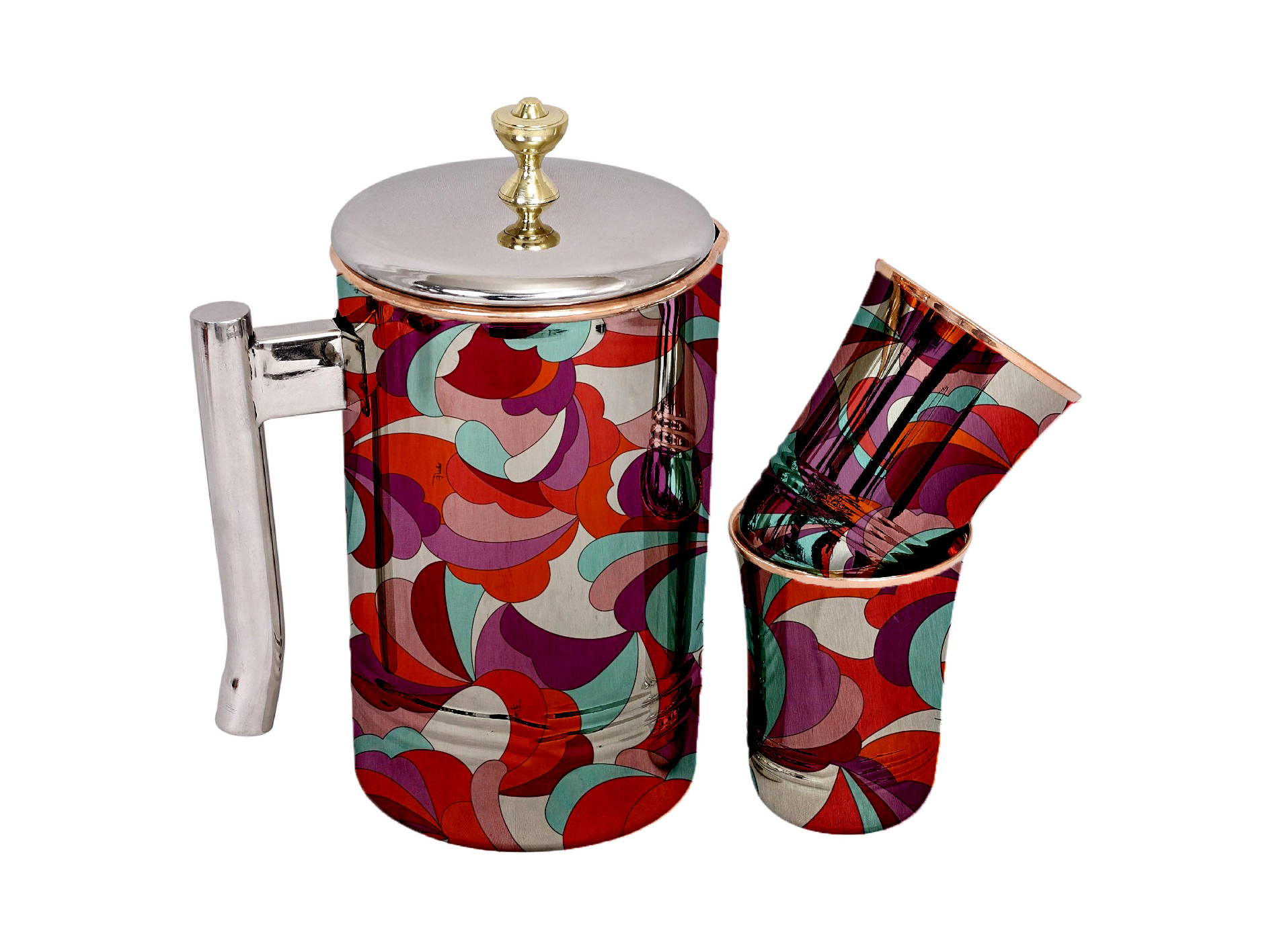 Hand Painted Copper Jug With Glass Set A195 - Color: Multicolour