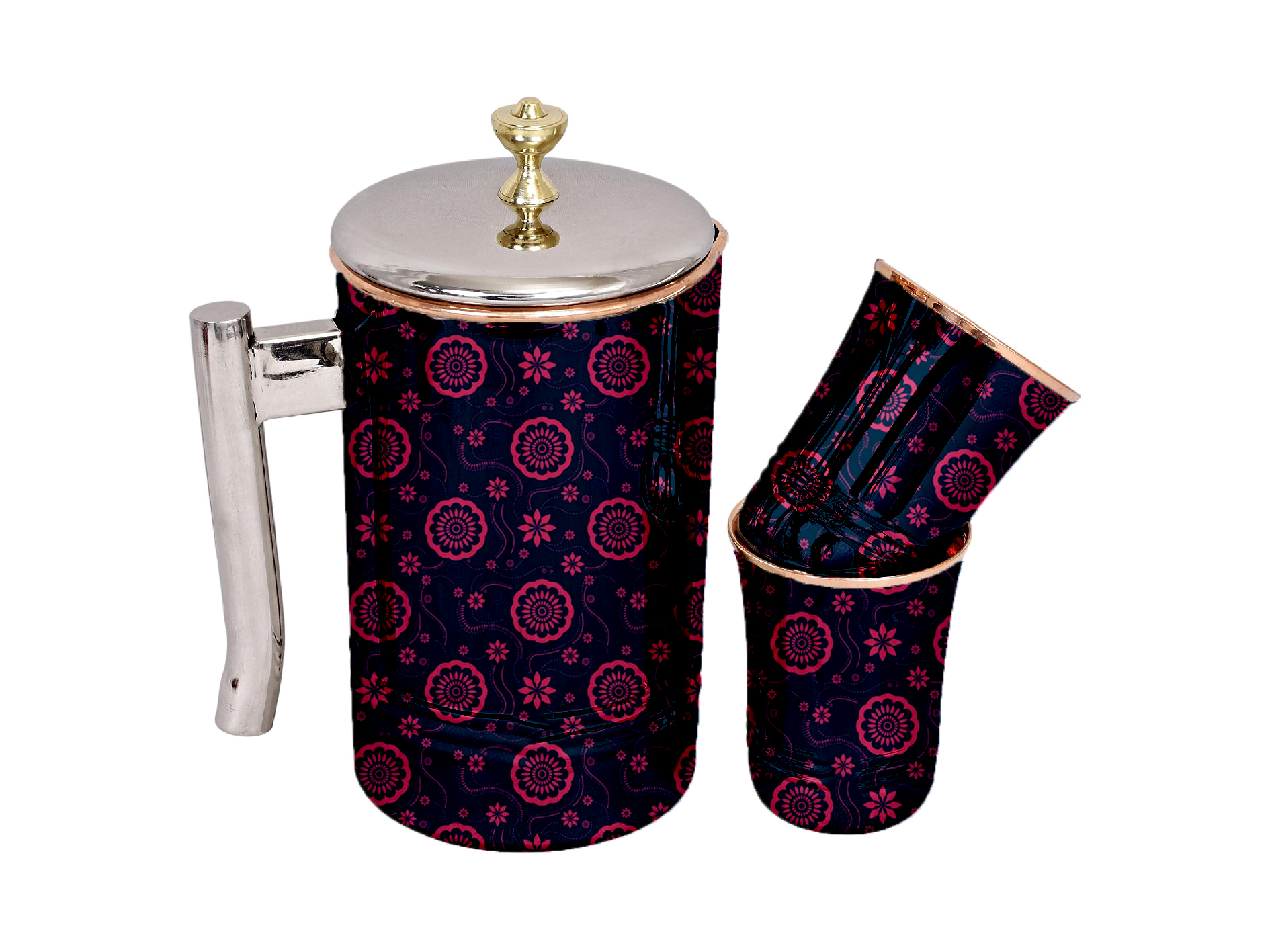 Hand Painted Copper Jug With Glass Set A197 - Color: Multicolour