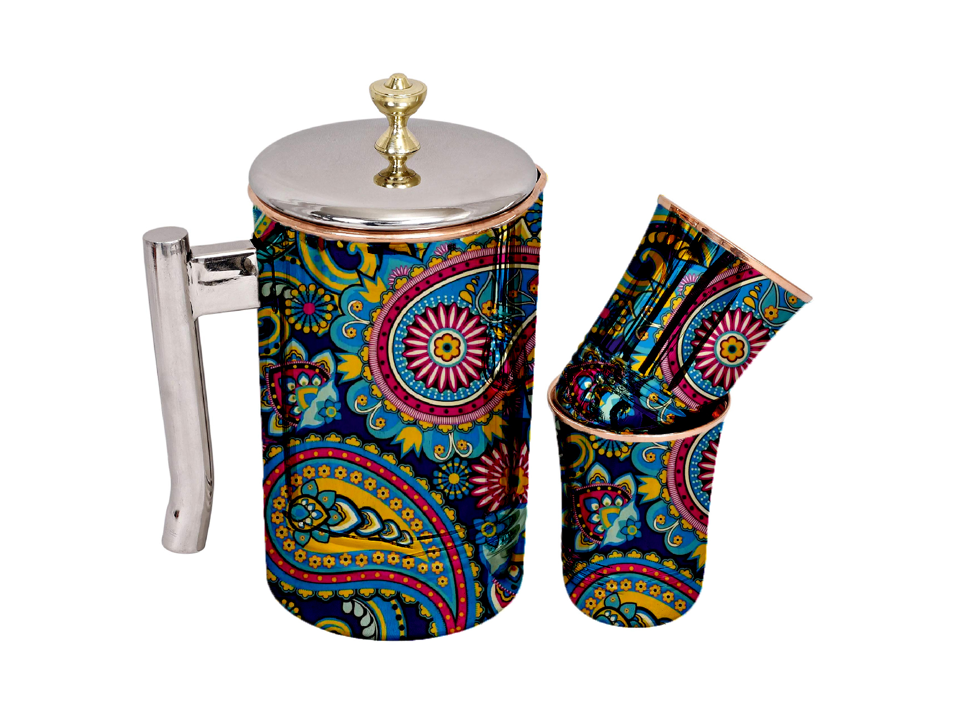 Hand Painted Copper Jug With Glass Set A197 - Color: Multicolour