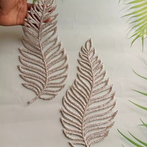Leaf Design Embroidery Applique Beaded Lace - Beaded Decoration, Different Sizes Available, Elegant Golden Finish