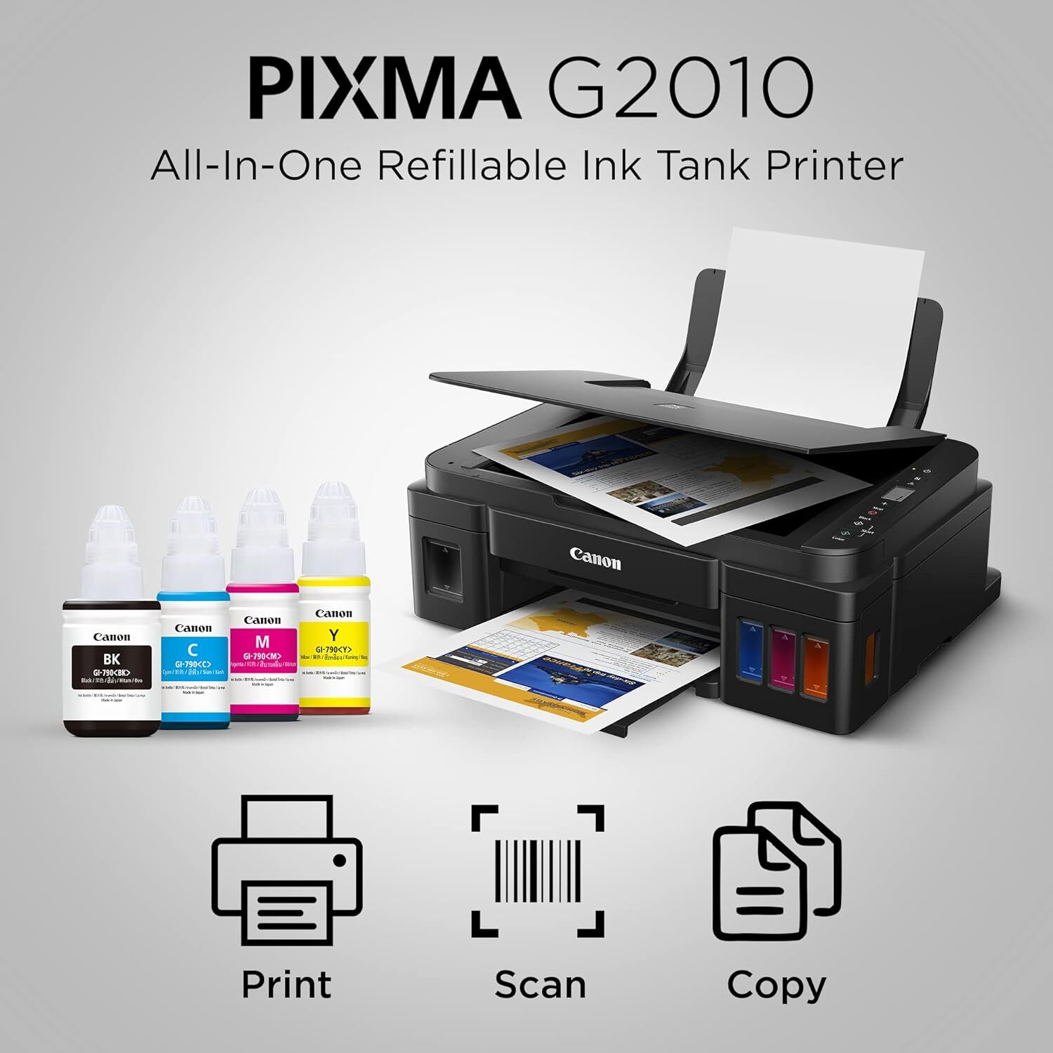 Pixma G2010 Printer - High Yield Ink Bottles (7,000 Pages), Integrated Ink Tank System, Spill-resistant Design, Quality Photo & Document Printing