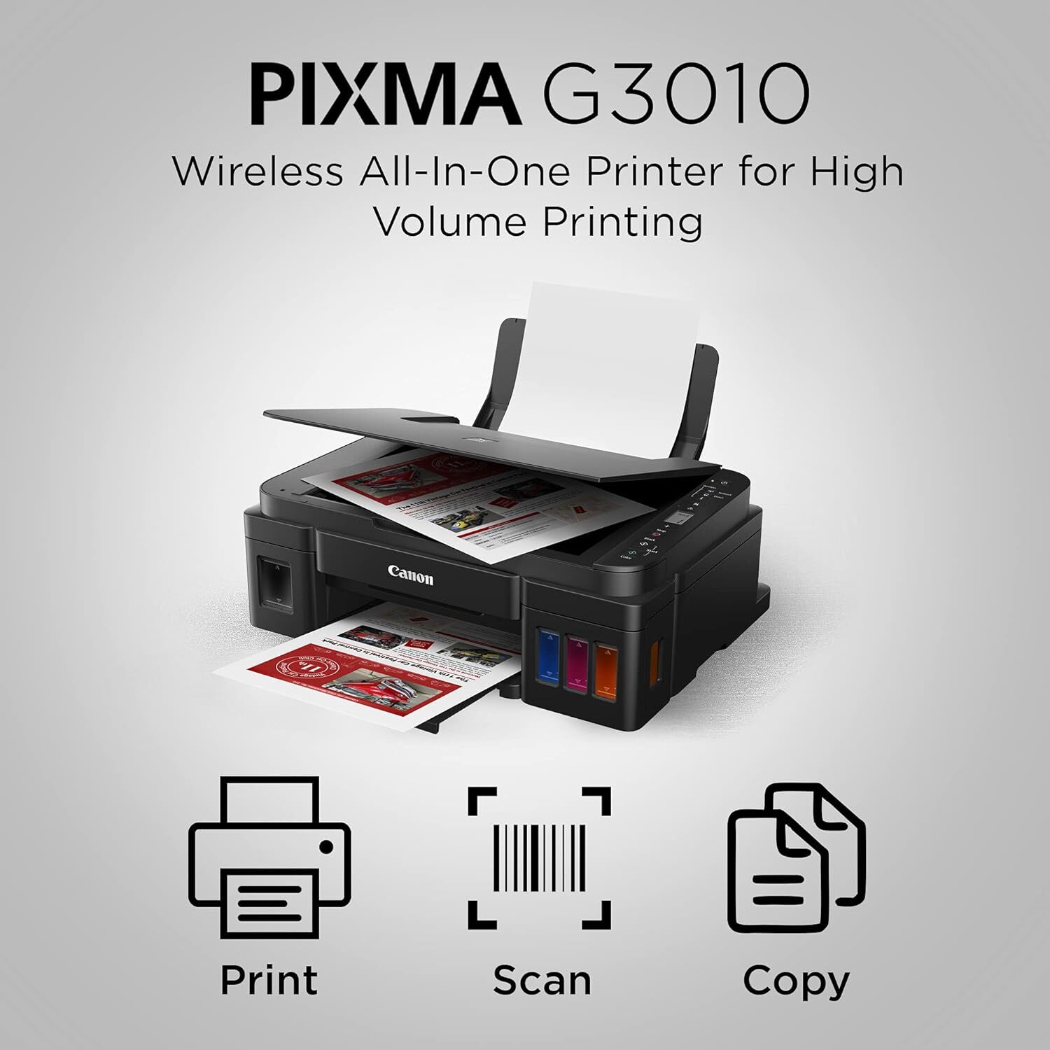 Pixma G3010 Printer - High Page Yield Ink Bottles 7,000 Pages, Integrated Ink Tank System, Spill-resistant Design, One-touch Wireless Connection, Up To 4800x1200 Dpi