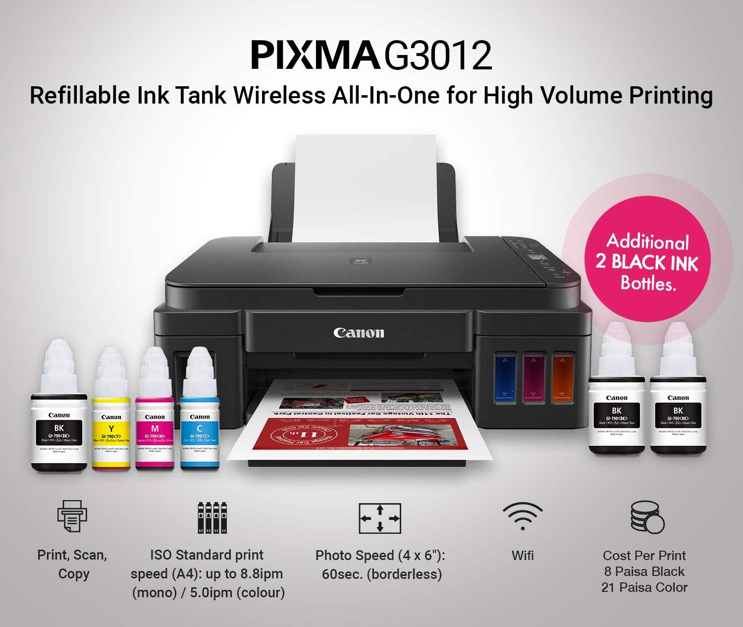 Pixma G3012 Printer - High Page Yield Ink Bottles (7000 Pages) | One-touch Wireless Connect, Integrated Ink Tank & Spill-resistant Design