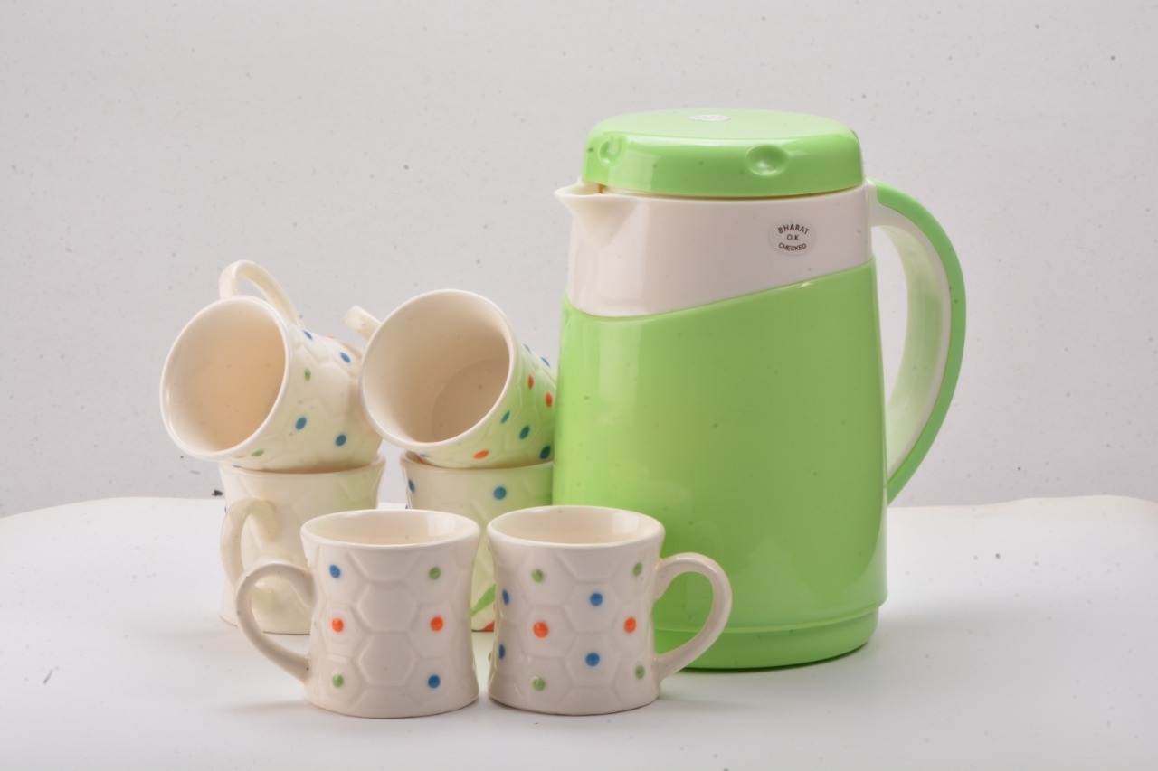 New Coral Gift Set - Plastic Material, 1 Insulated Jug, 4 Bowls & 6 Mugs, Blue Color | Durable And Break Resistant With Ceramic Live Finish