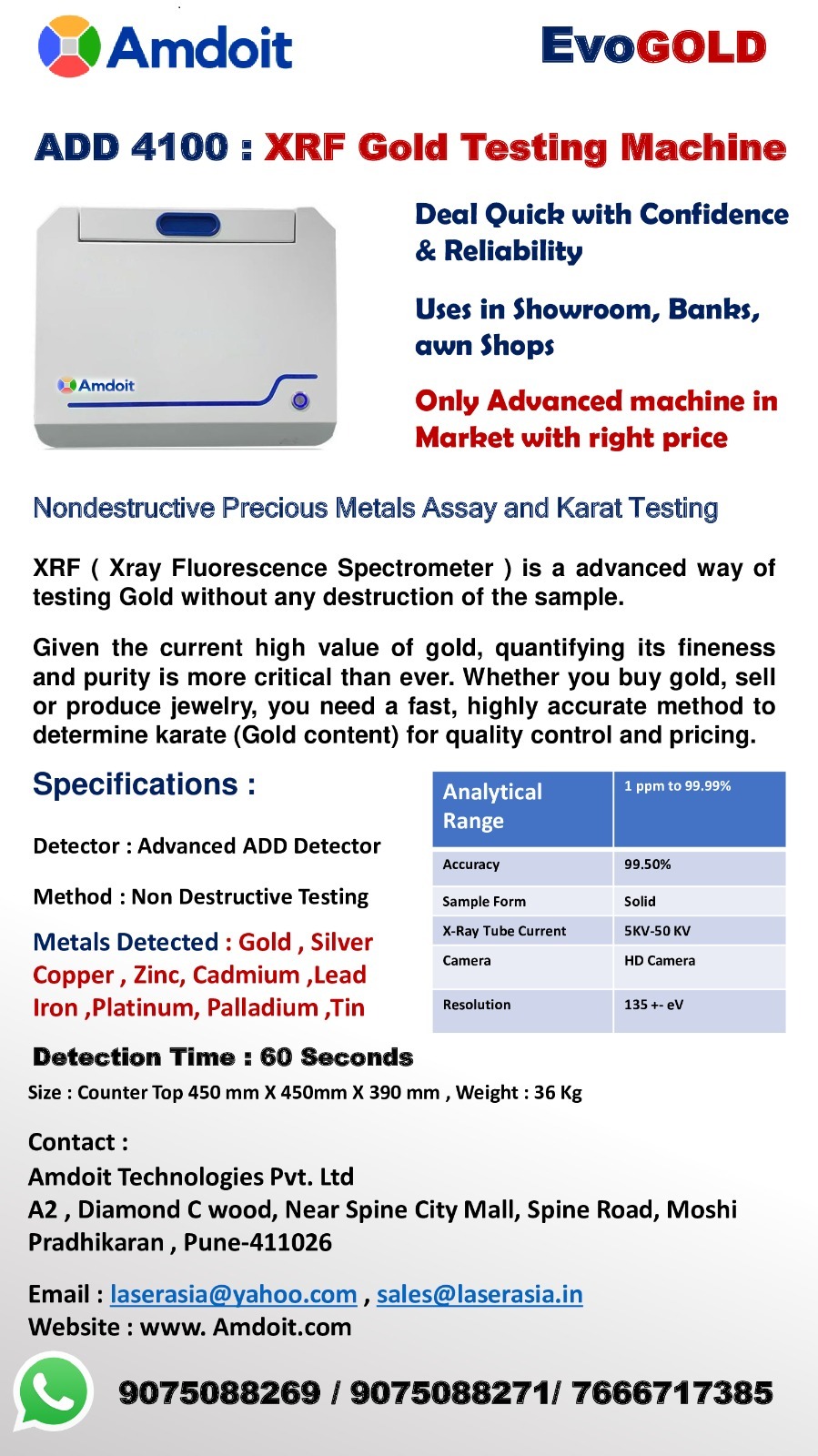 Gold Testing Machine - 450x450x380 Mm, 38 Kg | Non-destructive Xrf Spectrometry, 0.1% Accuracy, Sipin Detector, Data Save In Pdf/excel/word