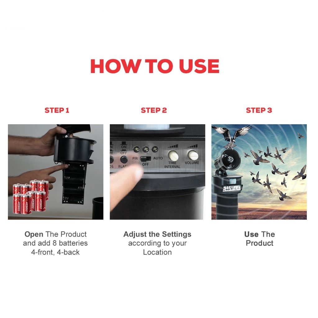 Pigeon Repeller - Abs Housing, 600sqft Coverage | Predatory Scare Sounds, Chemical-free Indoor & Outdoor Use