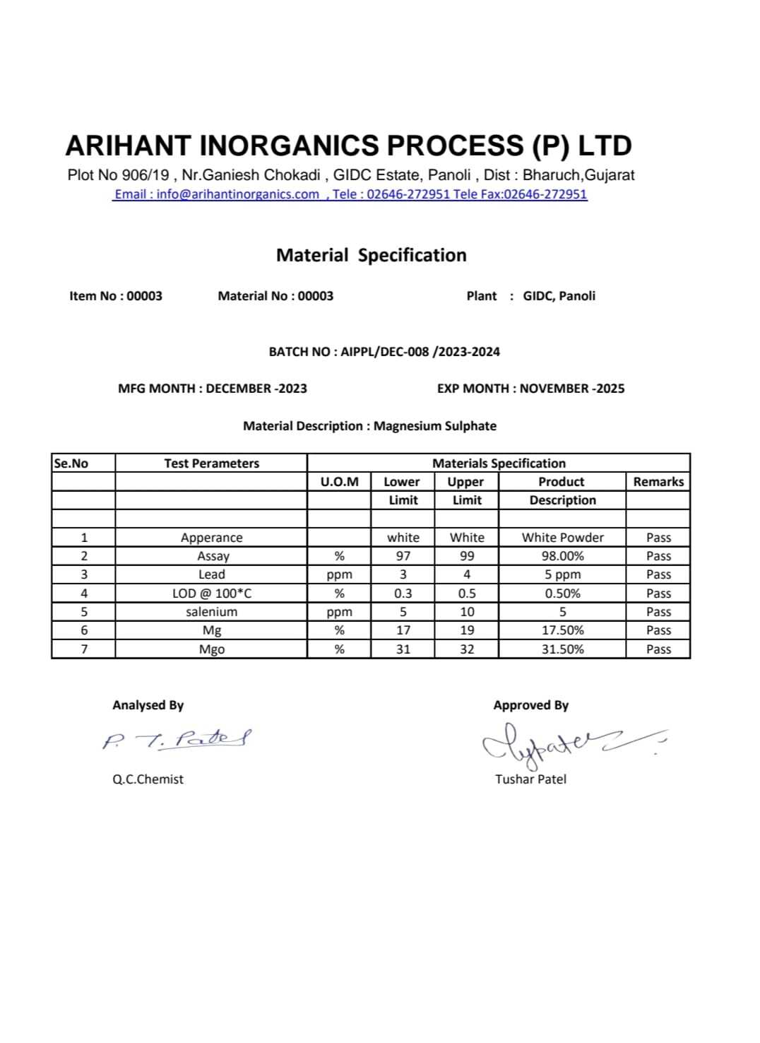 Magnesium Sulphate Anhydrous By Arihant Inorganics Process (Pvt.) Ltd.