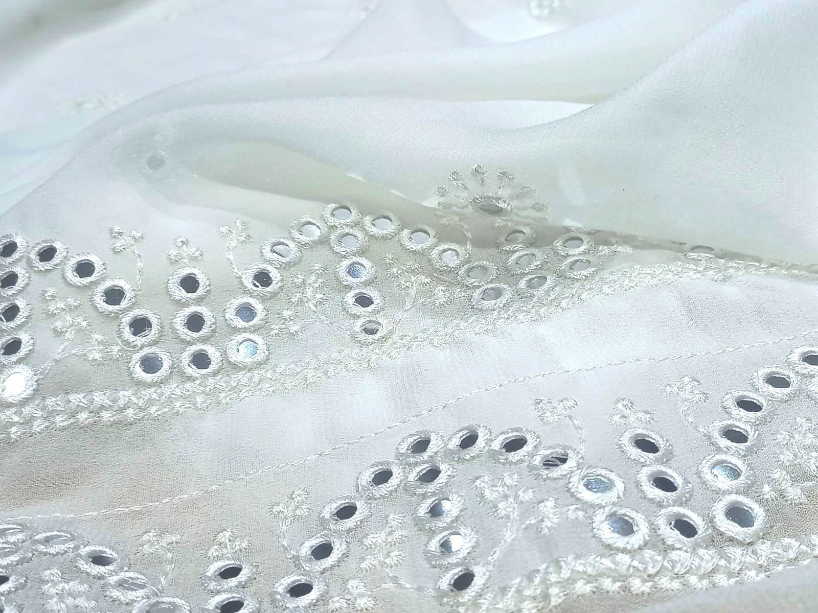 Dyeable Embroidered Mirror Work Dupatta Fabric - Pattern: Plain