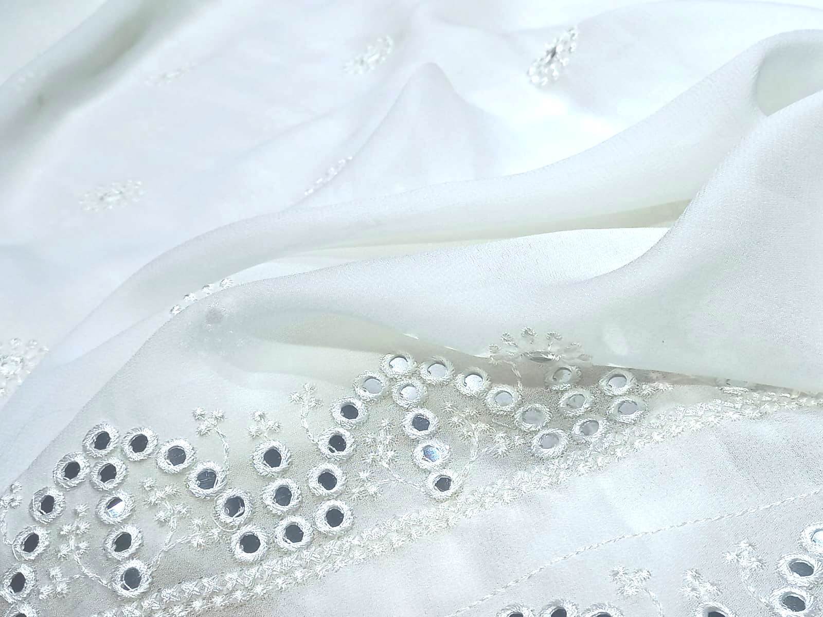 Dyeable Embroidered Mirror Work Dupatta Fabric - Pattern: Plain