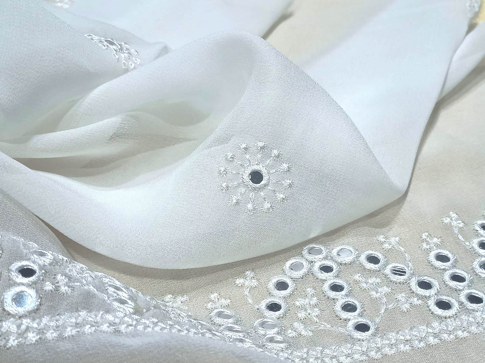 Dyeable Embroidered Mirror Work Dupatta Fabric - Pattern: Plain